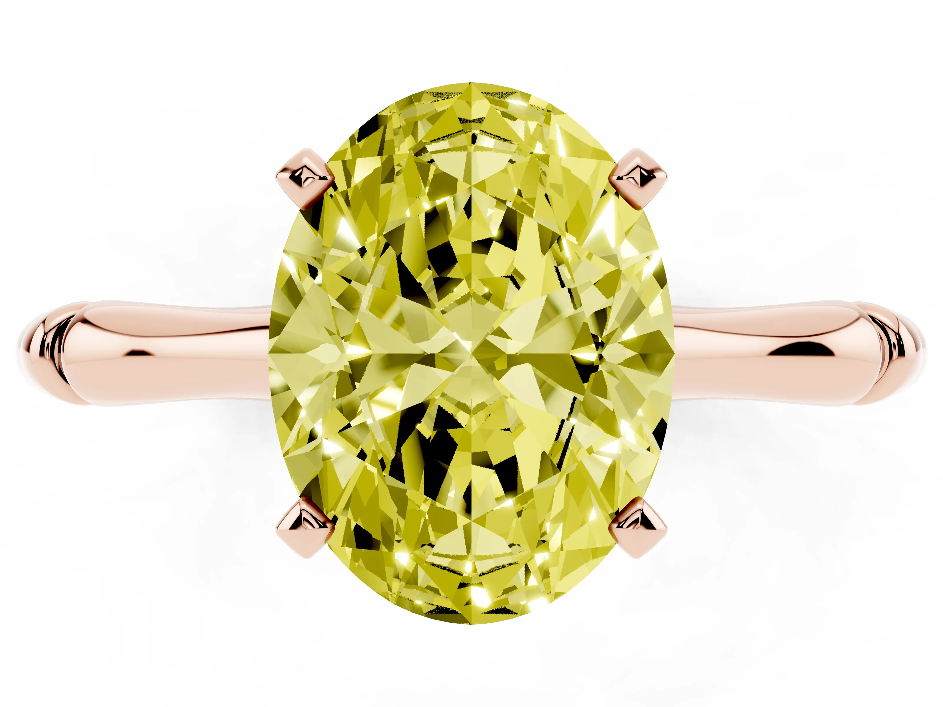 Fancy Yellow Oval Cut Diamond Solitaire Ring Set in Rose gold with Bamboo Band and Prong Setting