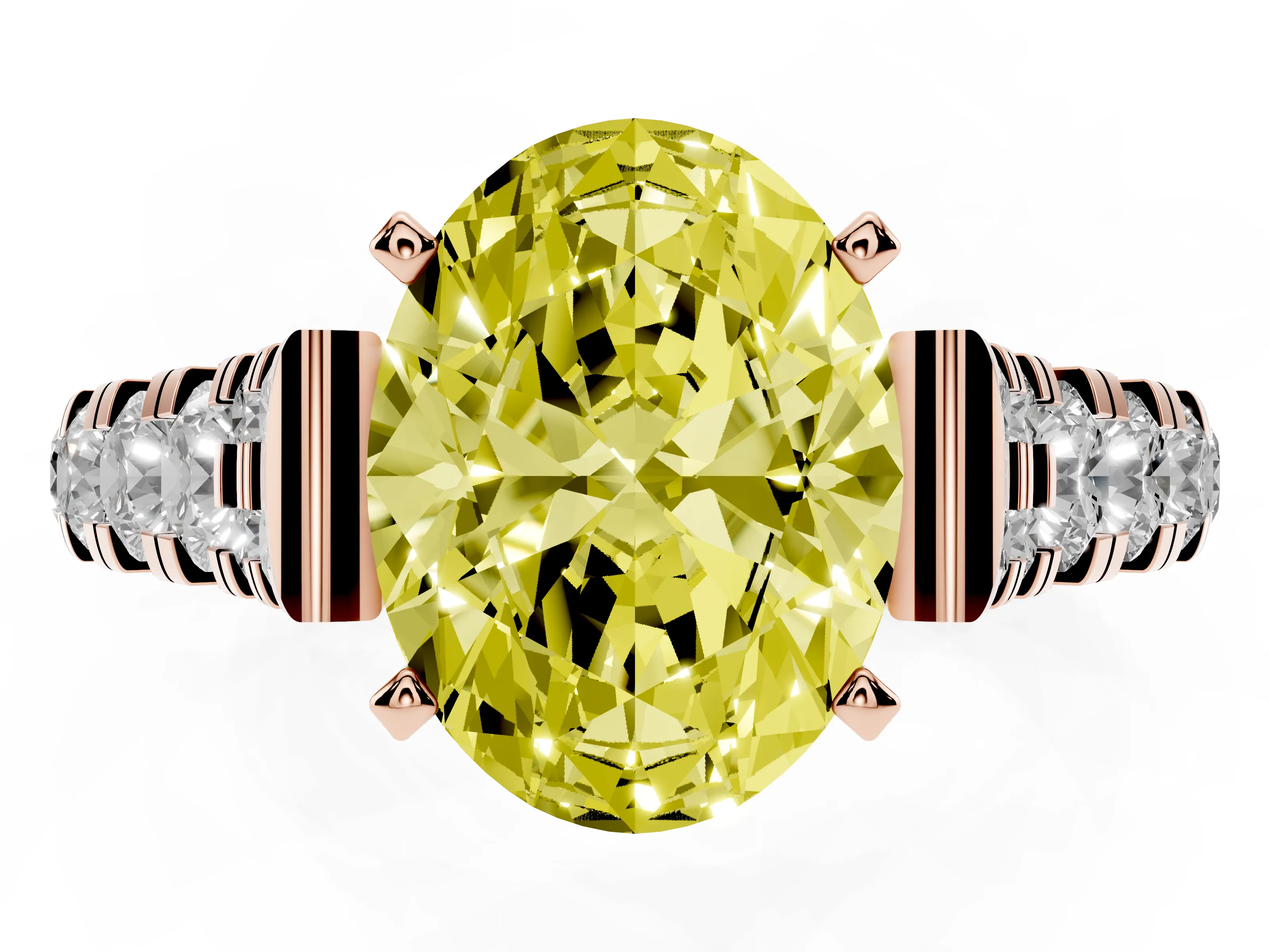 Fancy Yellow Oval Cut Diamond Classic Solitaire Ring Set in Rose gold with Pavé Band and Prong Setting