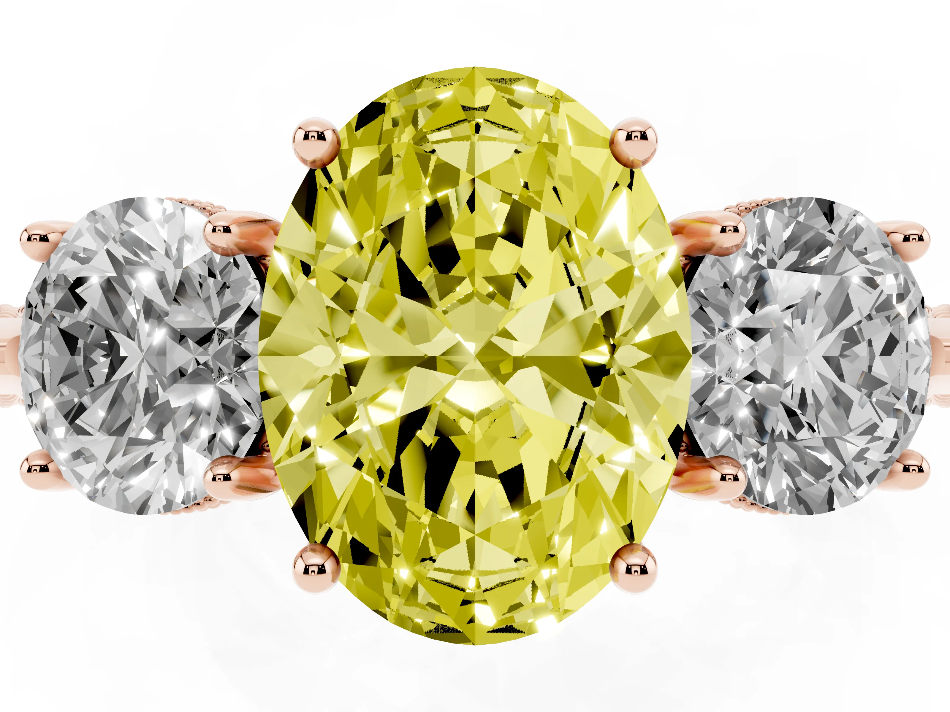 Fancy Yellow Oval Cut Diamond Three-Stone Ring Set in Rose gold with Milgrain Band
