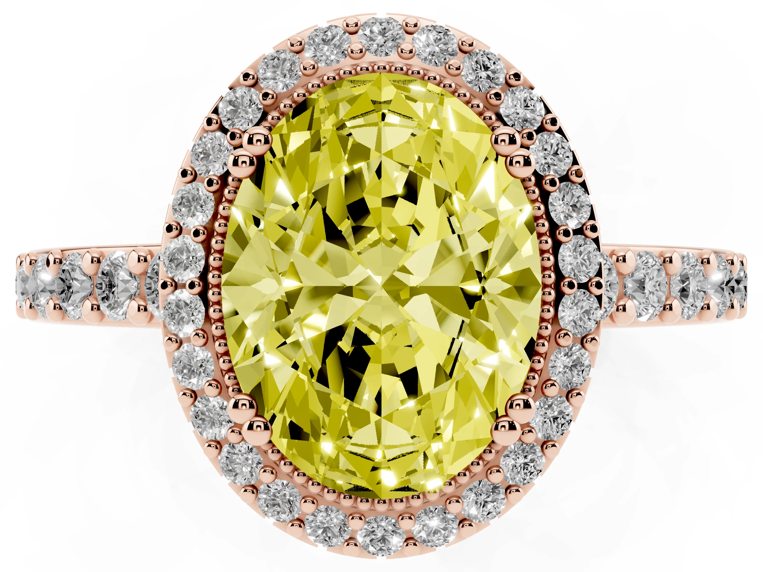 Fancy Yellow Oval Cut Diamond Halo Engagement Ring Set in Rose gold with Milgrain Detail and Pavé Band