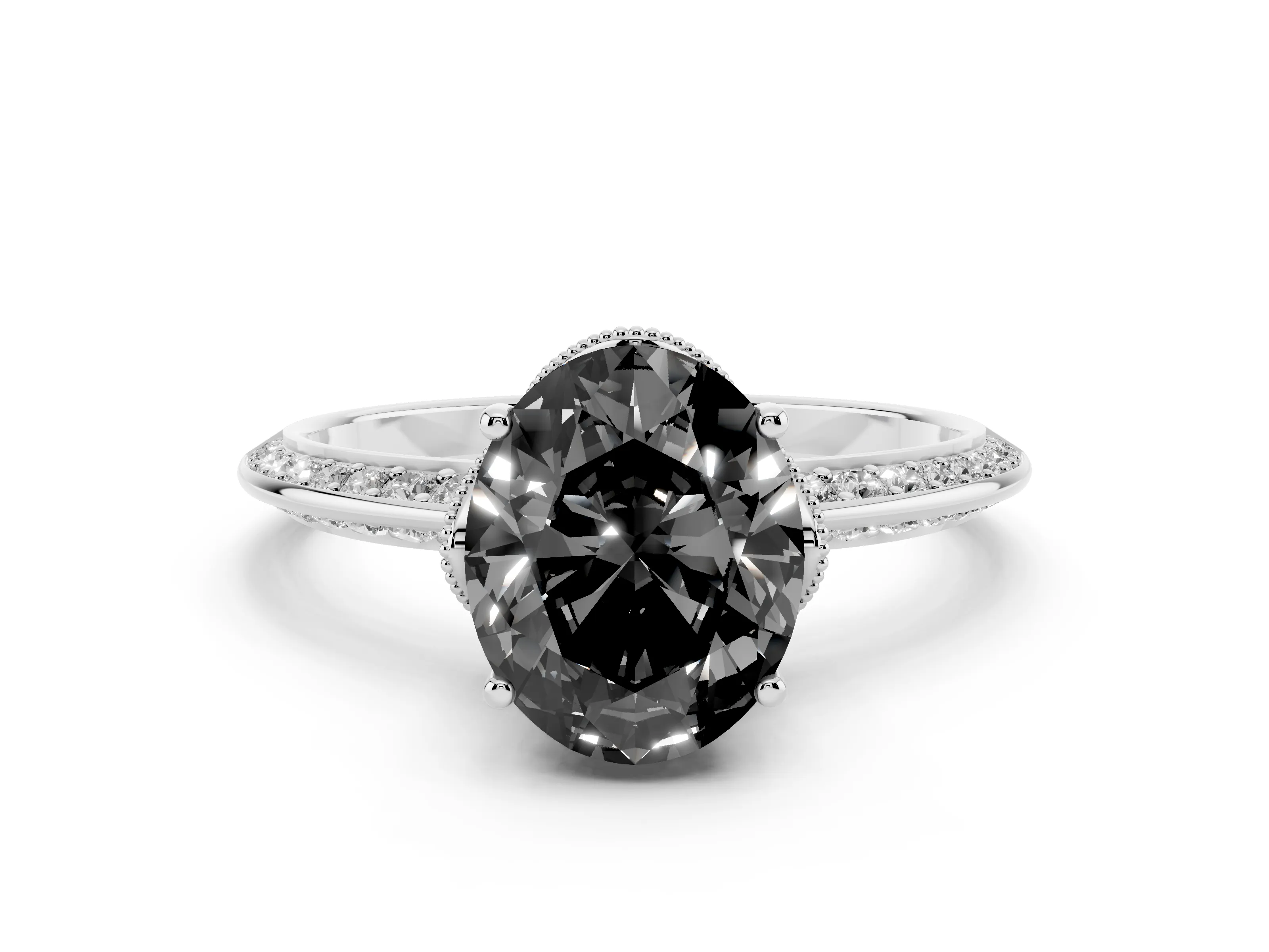 Fancy Black Oval Cut Diamond Solitaire Engagement Ring Set in Platinum with Pavé Split Shank and Prong Setting