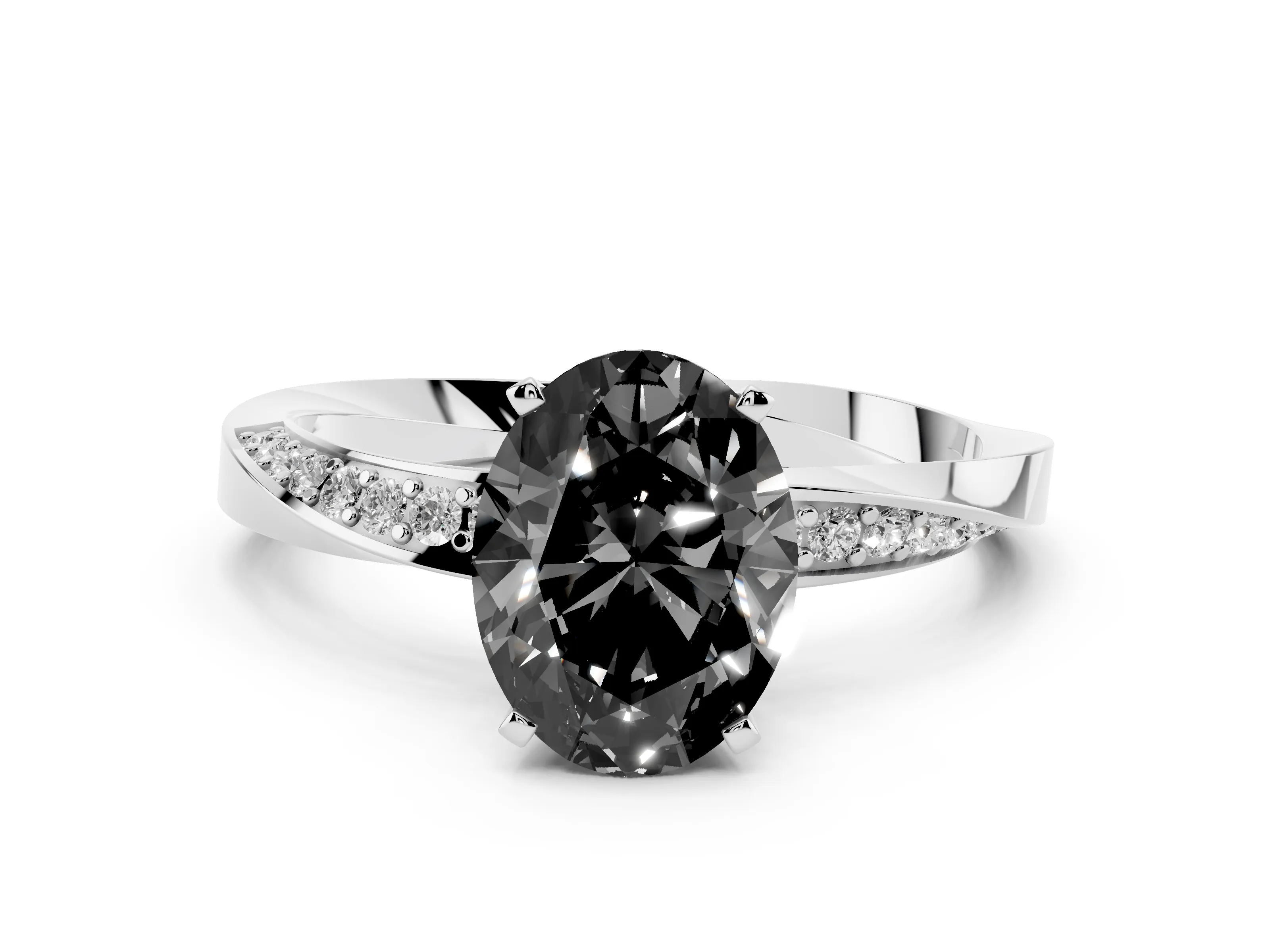 Fancy Black Oval Cut Diamond Engagement Ring Set in Platinum with Side Stone Accents and Prong Setting