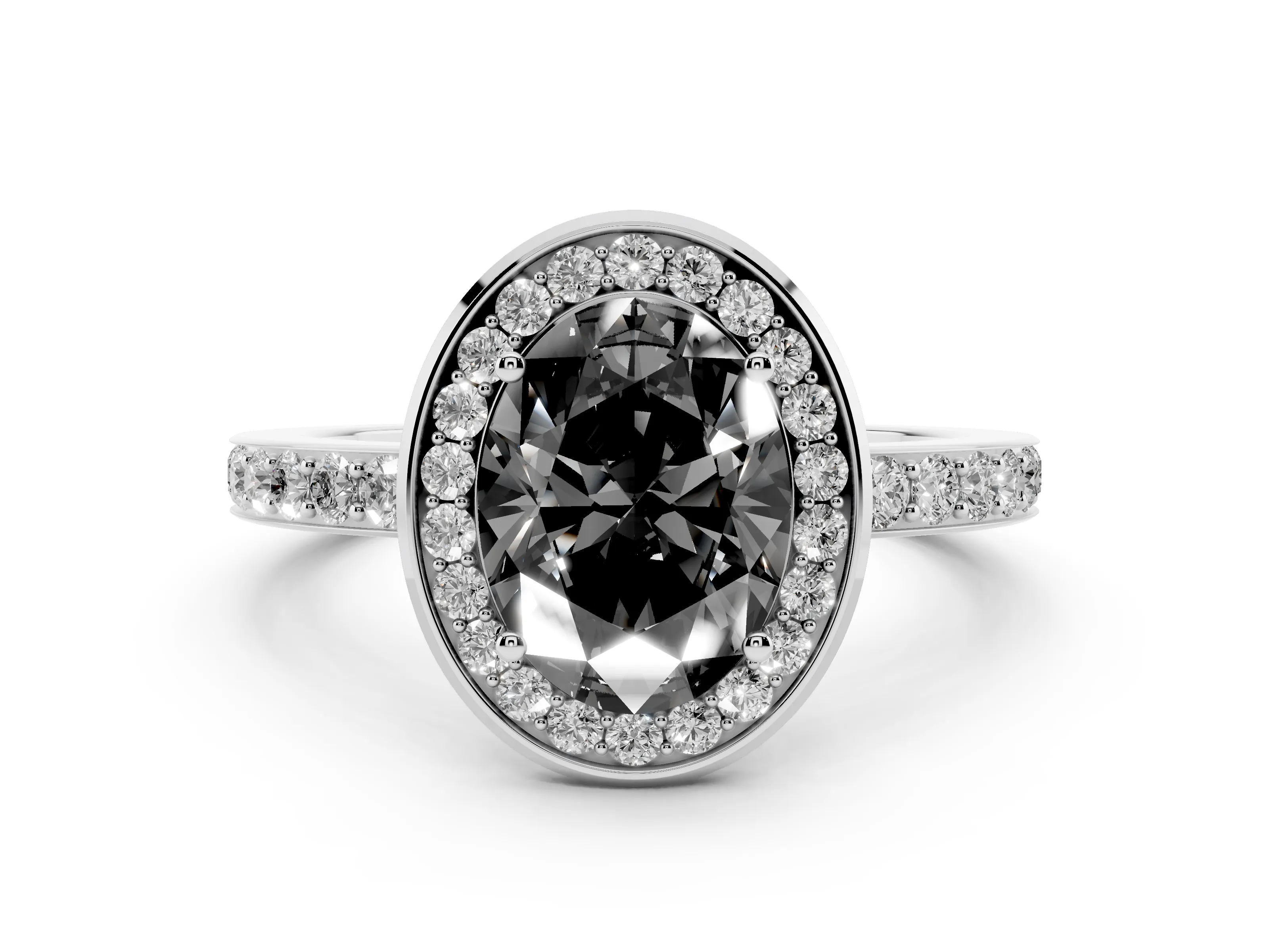 Fancy Black Oval Cut Diamond Halo Ring Set in Silver with Bezel Frame and Pavé Band