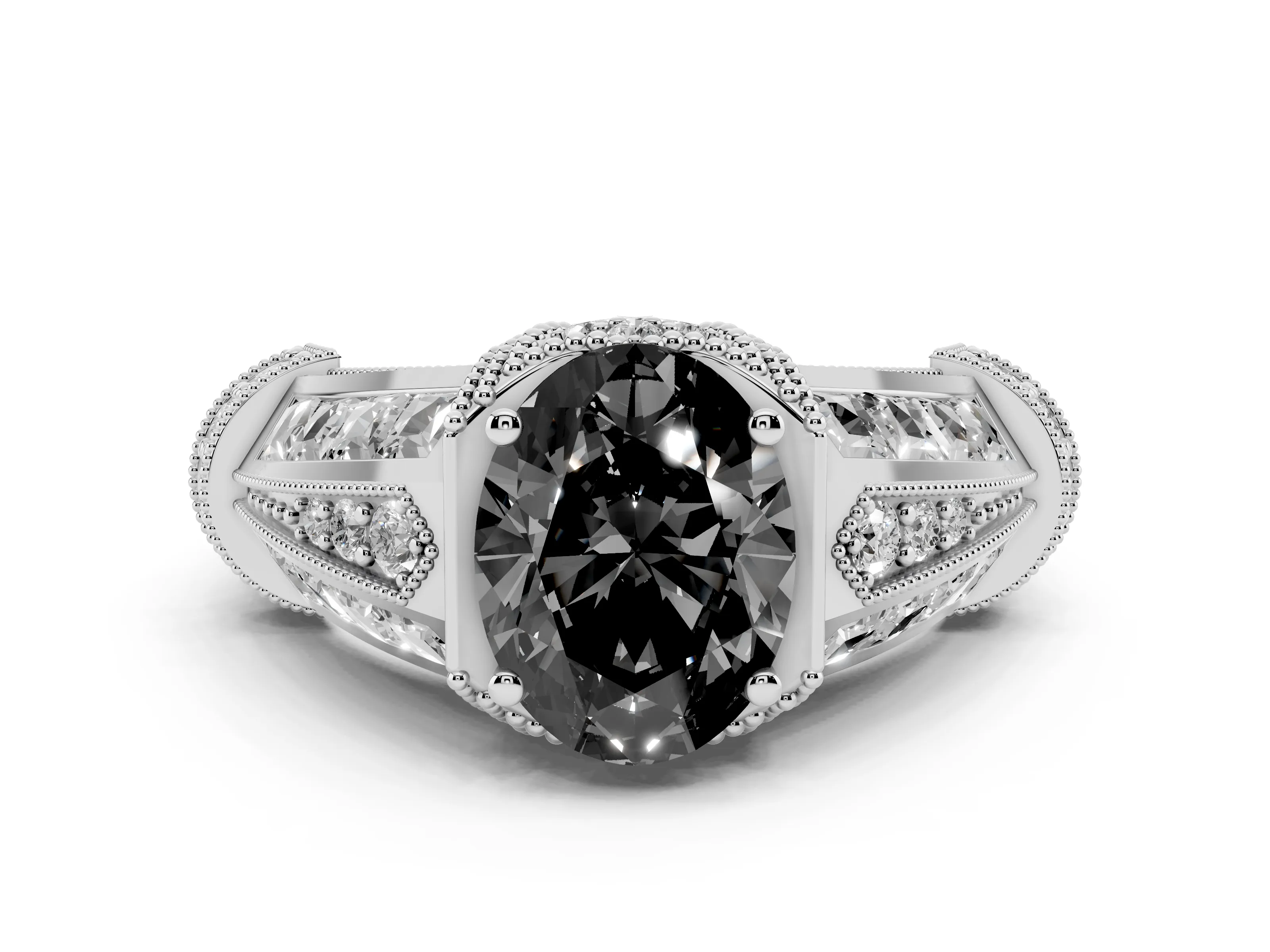 Fancy Black Oval Cut Diamond Vintage-Inspired Milgrain Ring Set in Silver with Accent Split Shank