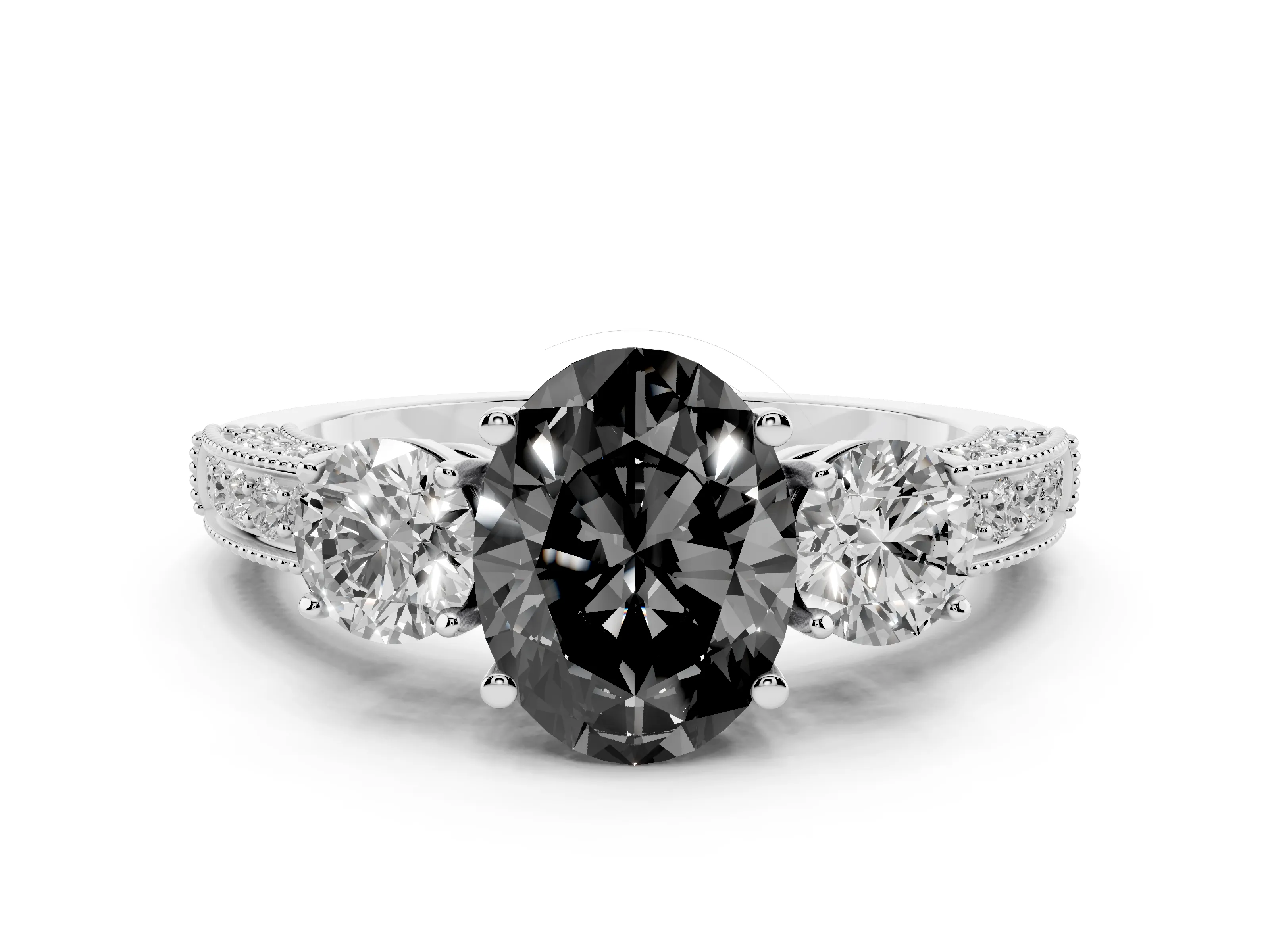 Fancy Black Oval Cut Diamond Three-Stone Ring Set in Silver with Round Side Stones and Pavé Band
