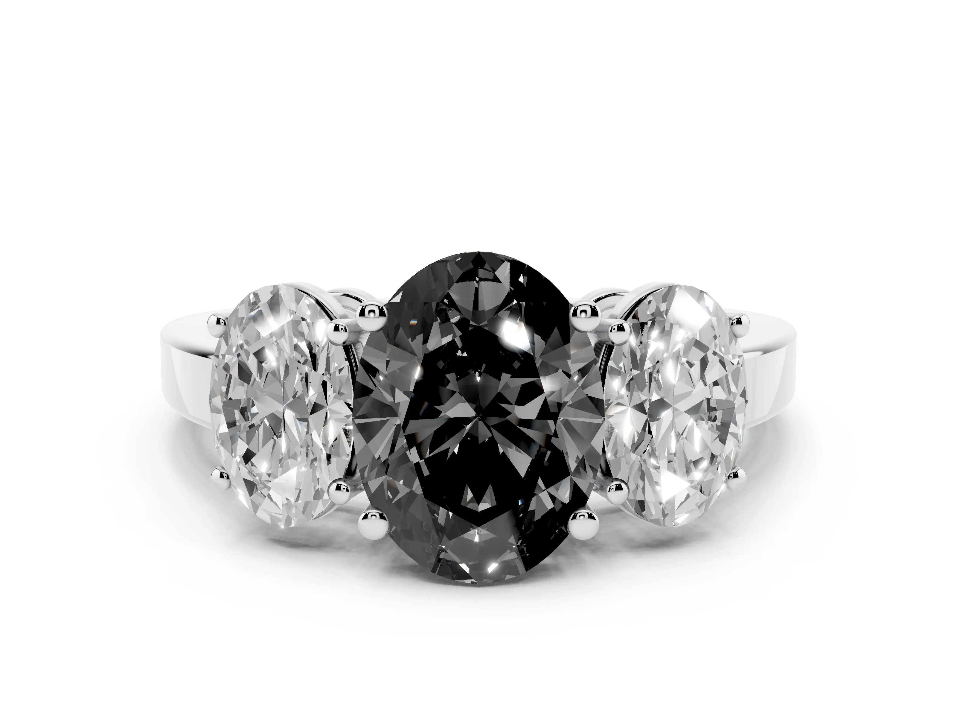 Fancy Black Oval Cut Diamond Three-Stone Engagement Ring Set in Platinum with Flat Band