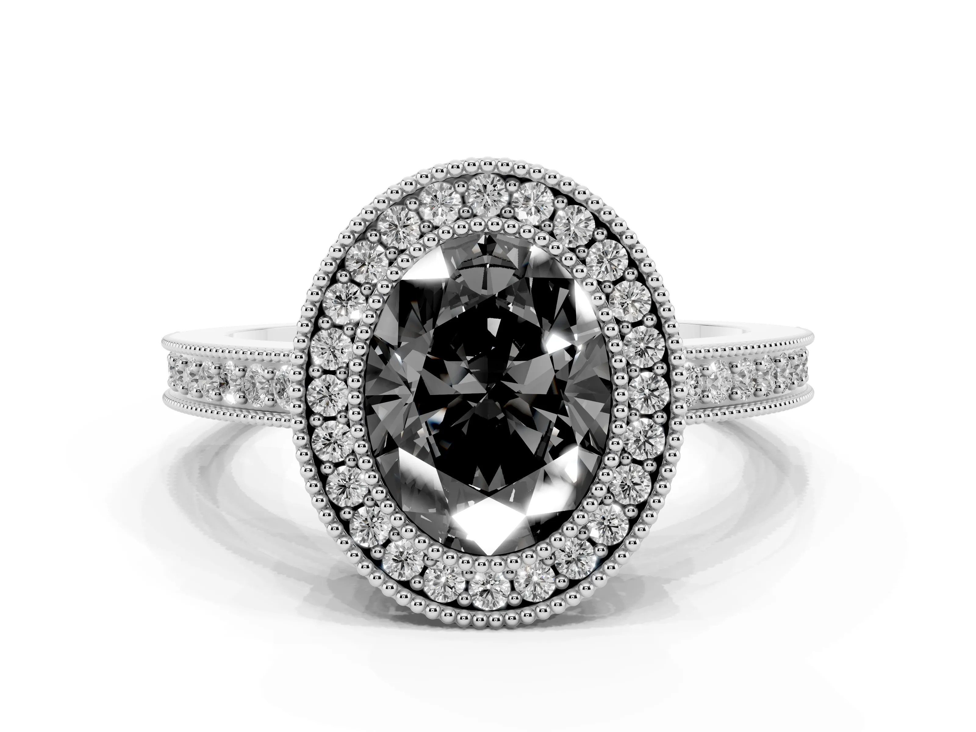 Fancy Black Oval Cut Diamond Round Halo Ring Set in White gold with Pavé Band