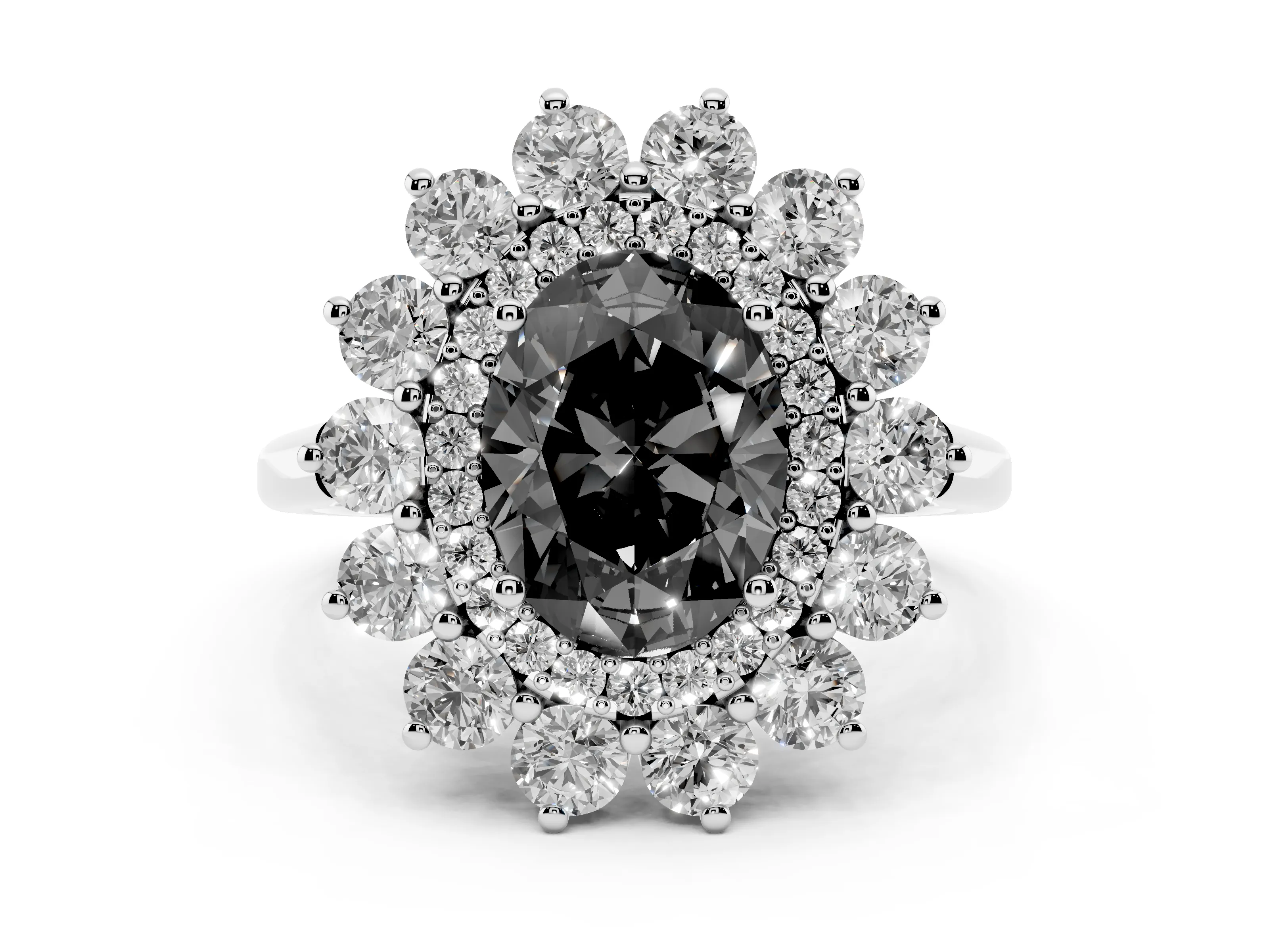 Fancy Black Oval Cut Diamond Floral Double Halo Ring Set in White gold with Round Petals