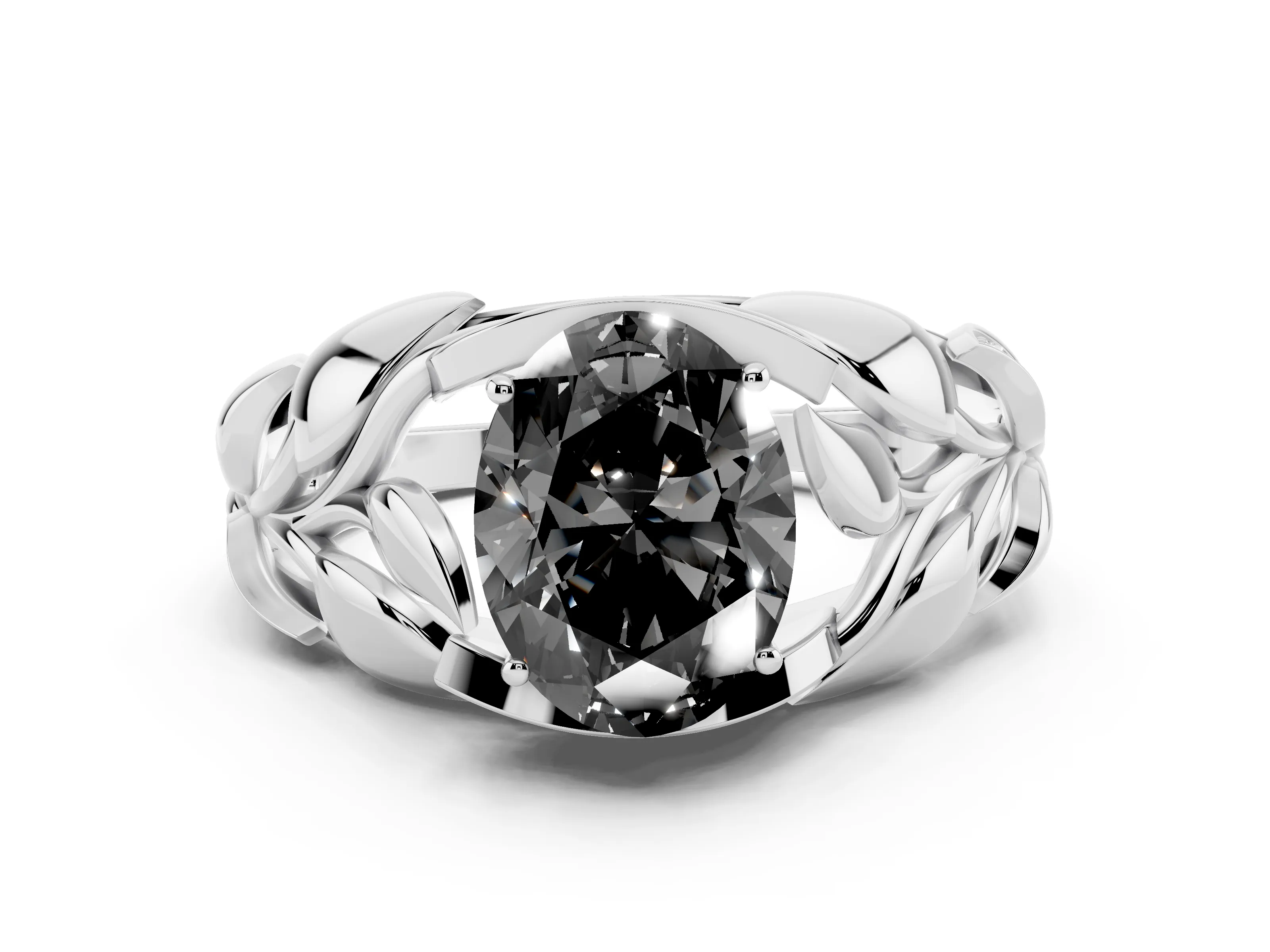 Fancy Black Oval Cut Diamond Leaf-Inspired Engagement Ring Set in White gold with Round Accents