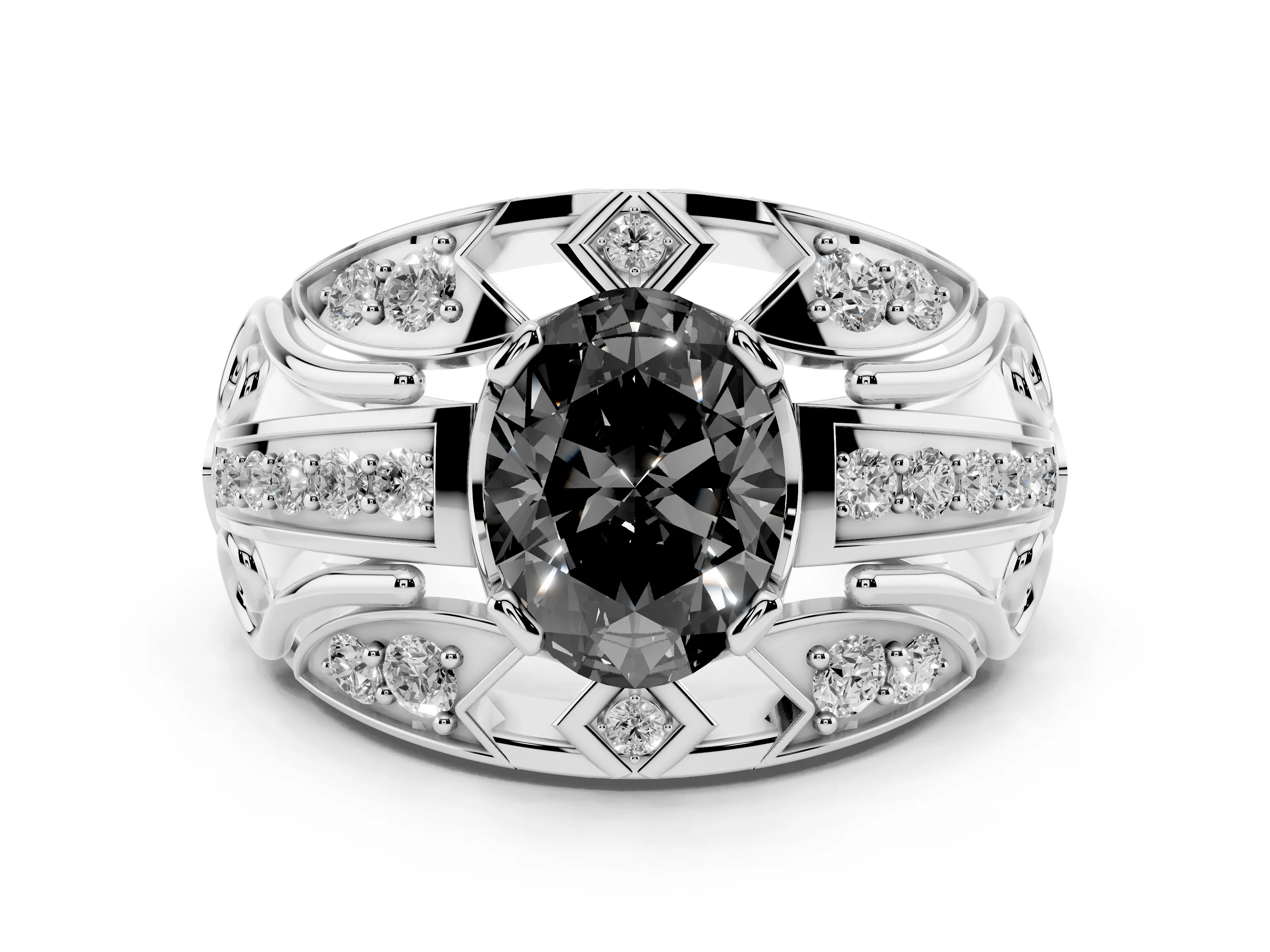 Fancy Black Oval Cut Diamond Art Deco Ring Set in Silver with Pavé Split Shank