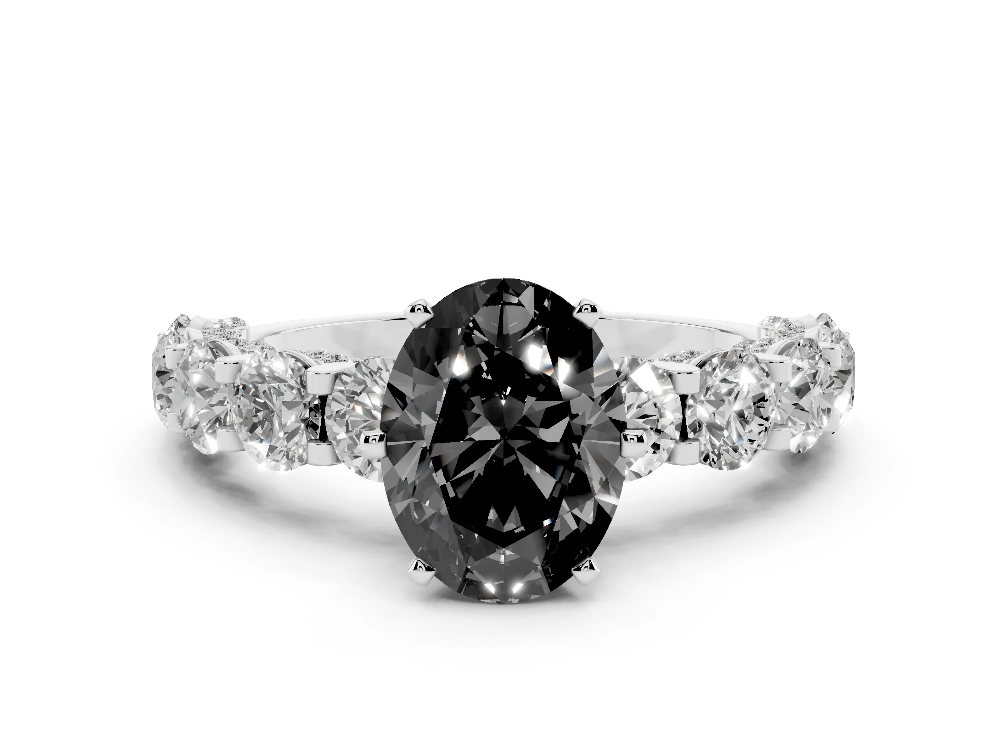 Fancy Black Oval Cut Diamond Side Stone Ring Set in Platinum with Alternating Round and Oval Side Stones