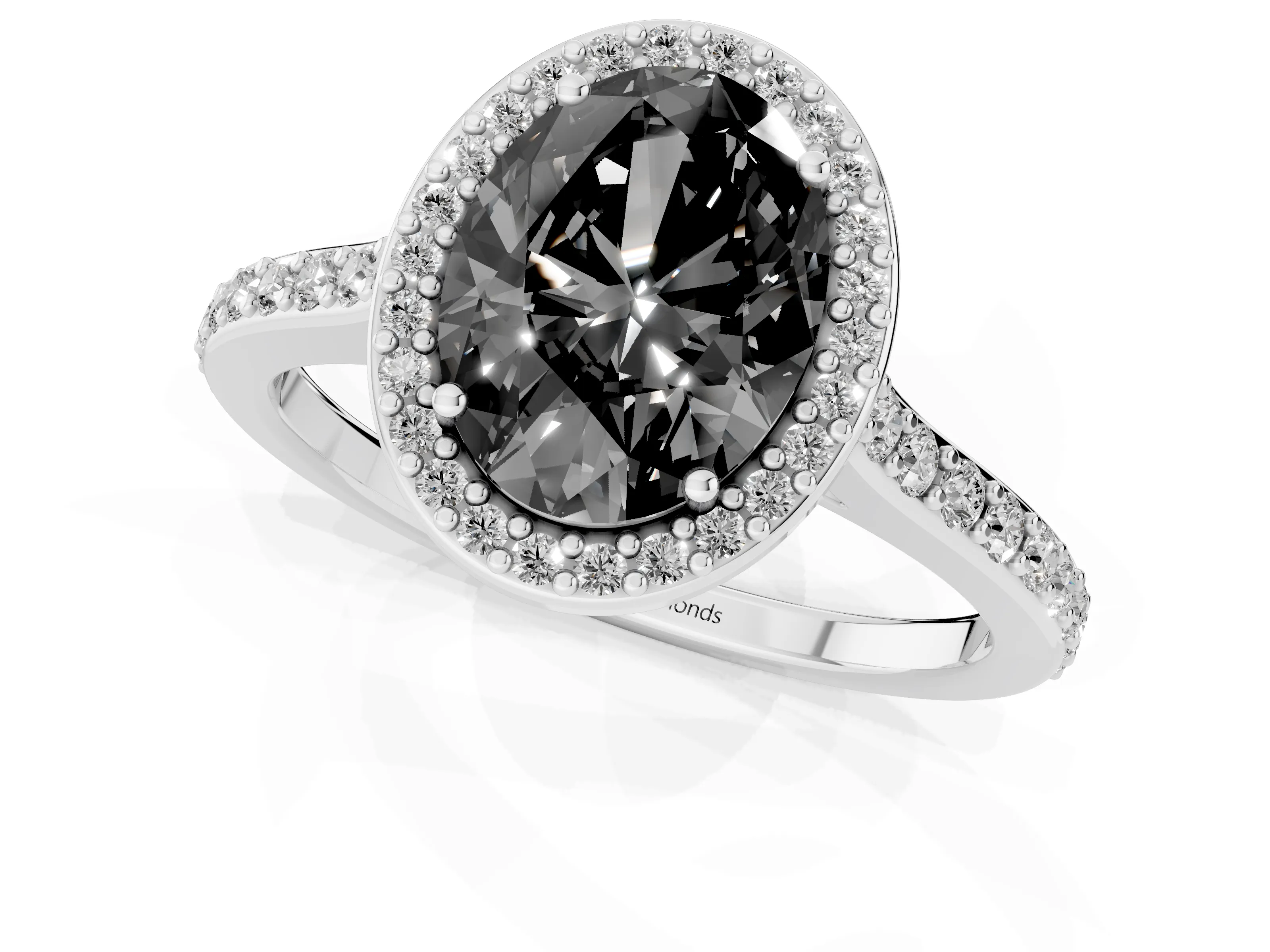 Fancy Black Oval Cut Diamond Halo Engagement Ring Set in White gold with Round Pavé Shoulders and Heart Gallery