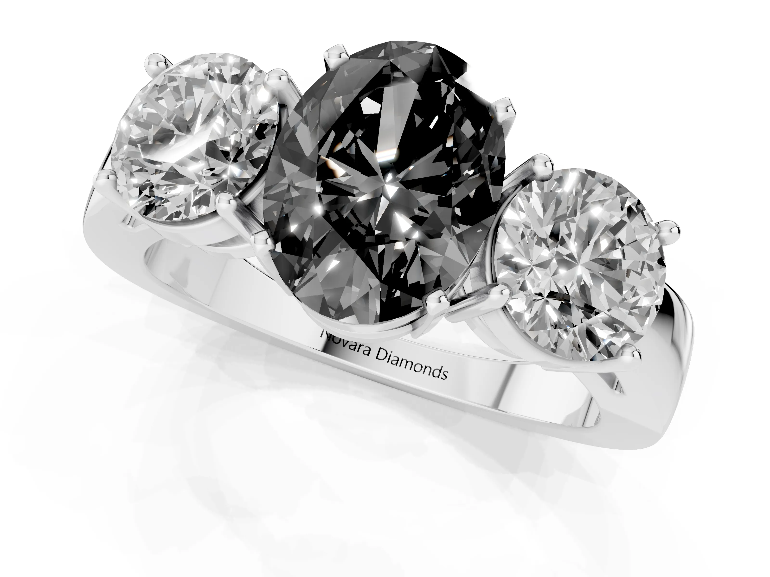 Fancy Black Oval Cut Diamond Three-Stone Ring Set in Platinum with Round Side Stones and Classic Band