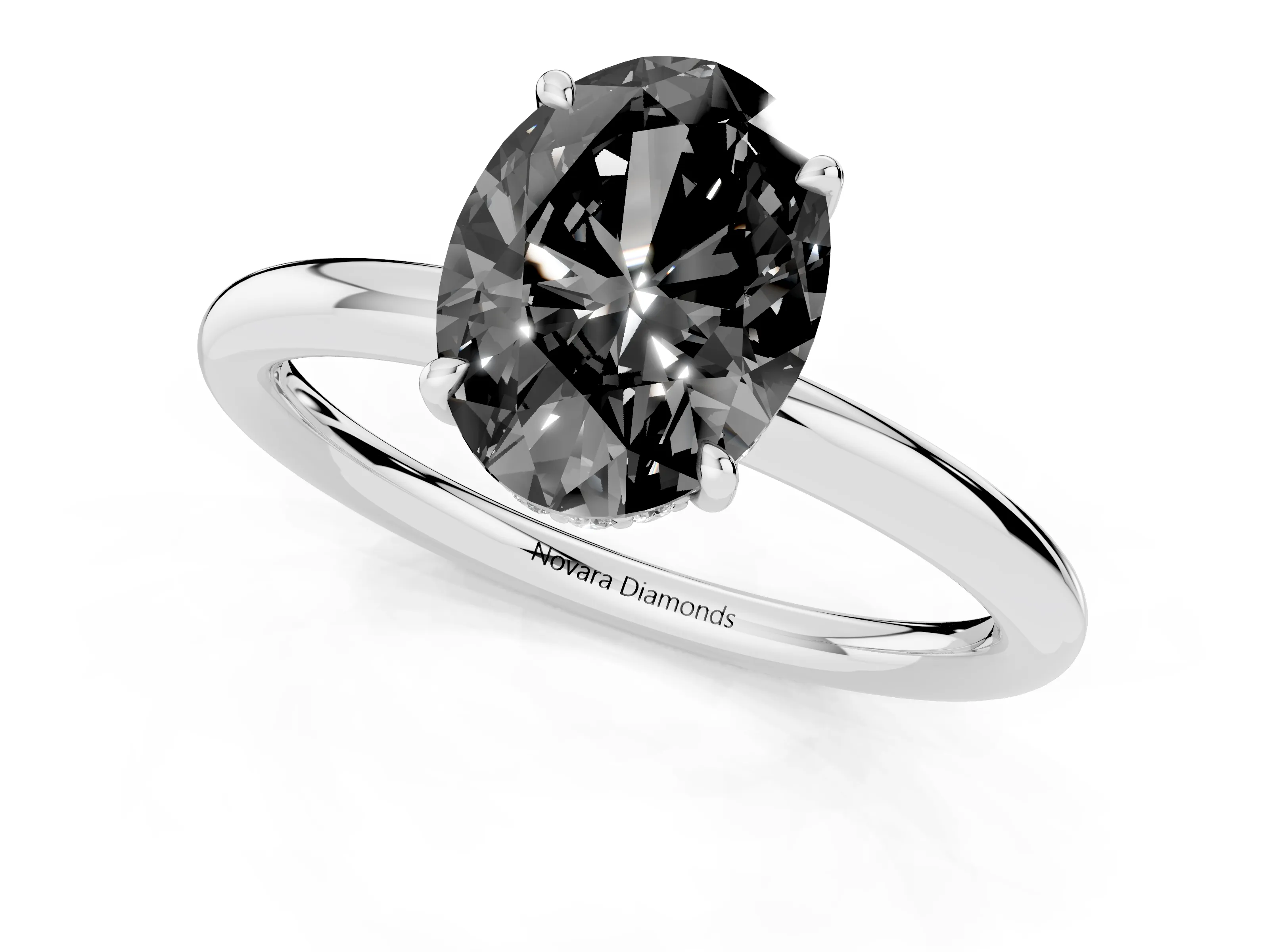 Fancy Black Oval Cut Diamond Solitaire Ring Set in Silver with Thin Band and Prong Setting