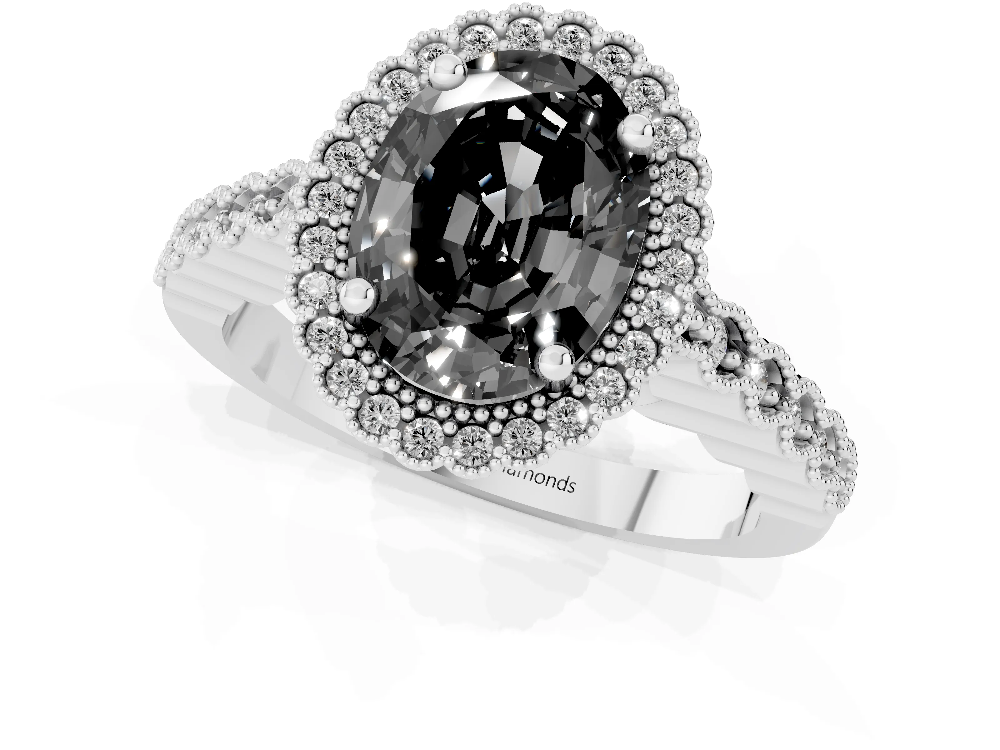 Fancy Black Oval Cut Diamond Halo Ring Set in Platinum with Pavé Milgrain Band