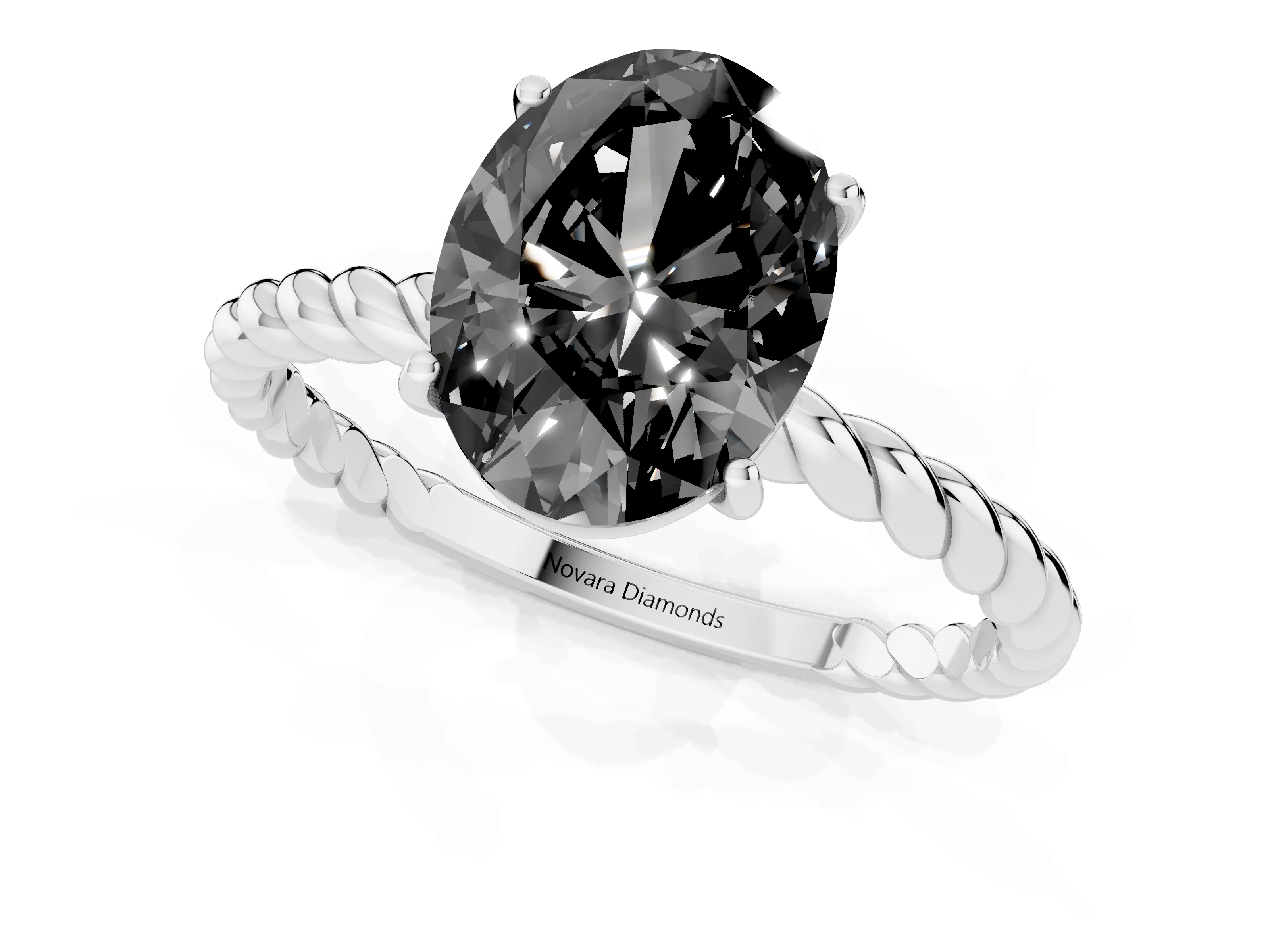 Fancy Black Oval Cut Diamond Solitaire Twisted Band Ring Set in White gold with Prong Solitaire Setting