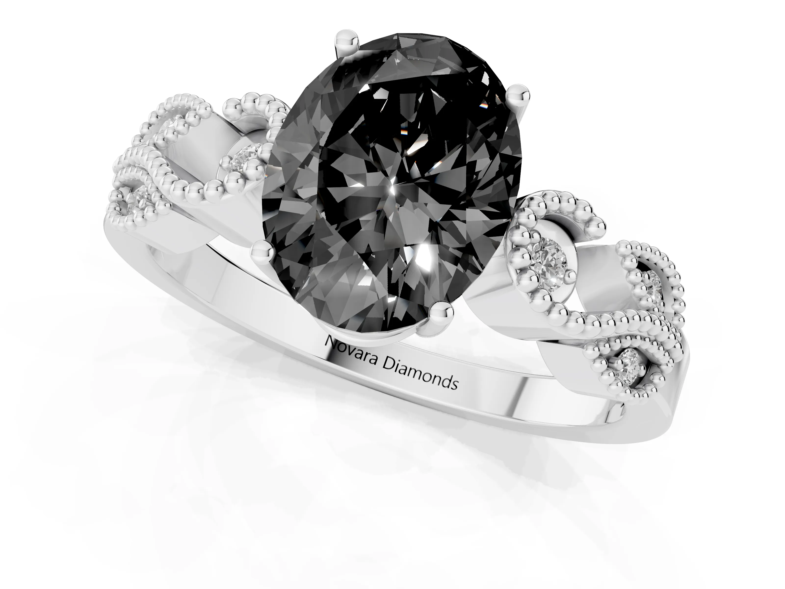 Fancy Black Oval Cut Diamond Milgrain Leaf Band Solitaire Ring Set in White gold with Accent Stones and Prong Setting