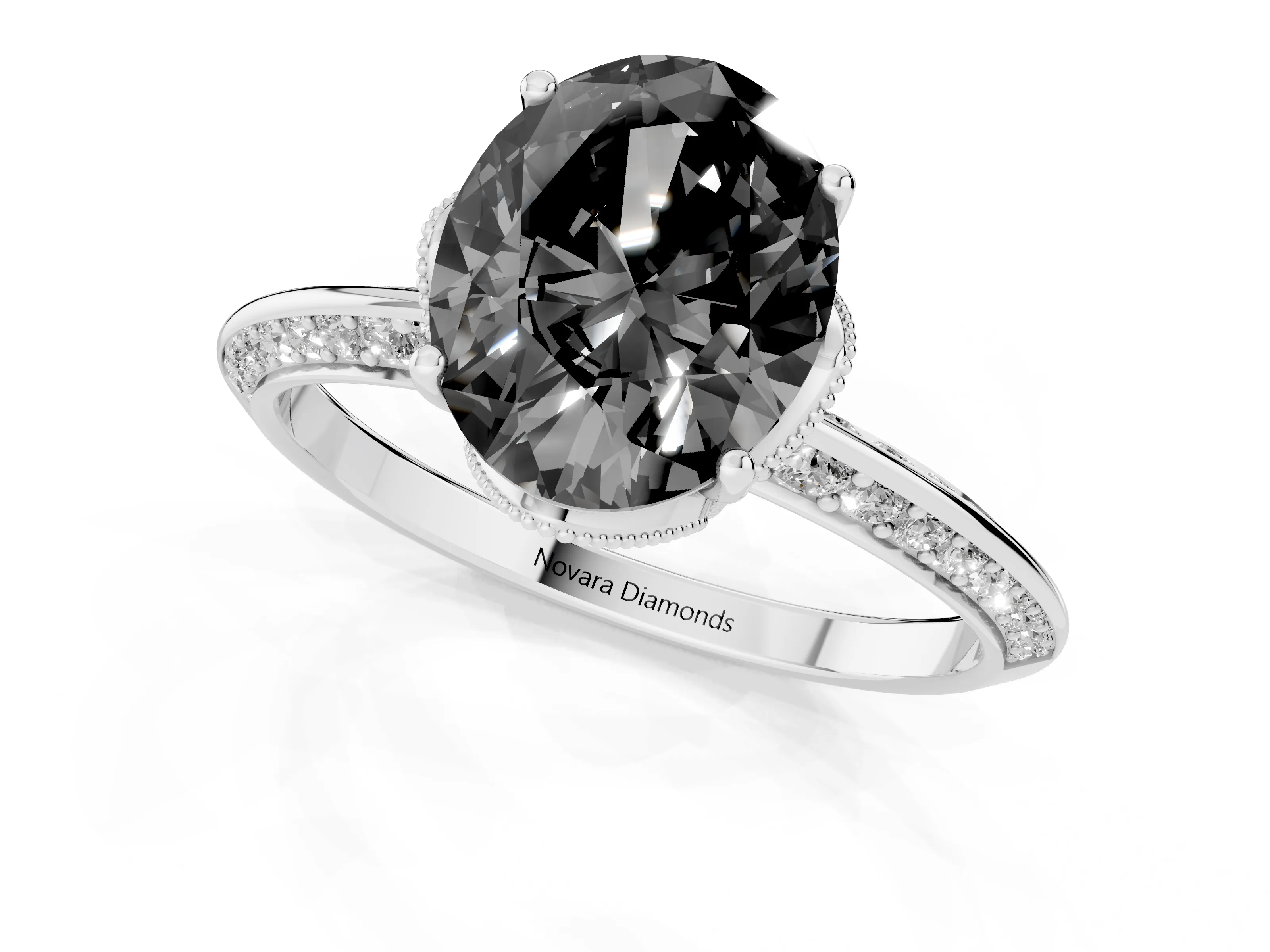 Fancy Black Oval Cut Diamond Solitaire Engagement Ring Set in Platinum with Pavé Split Shank and Prong Setting