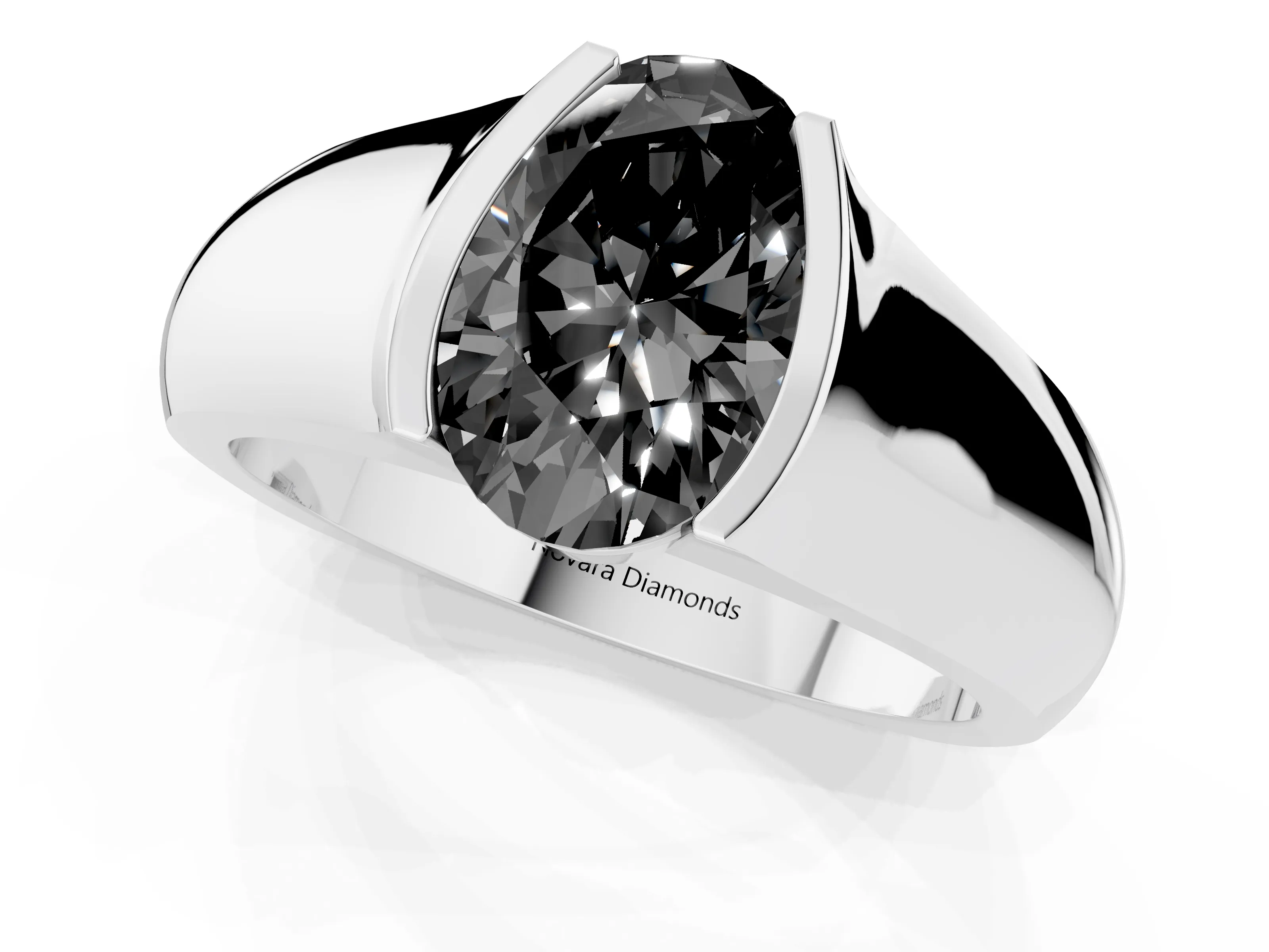 Fancy Black Oval Cut Diamond Bezel Solitaire Ring Set in White gold with Wide Band