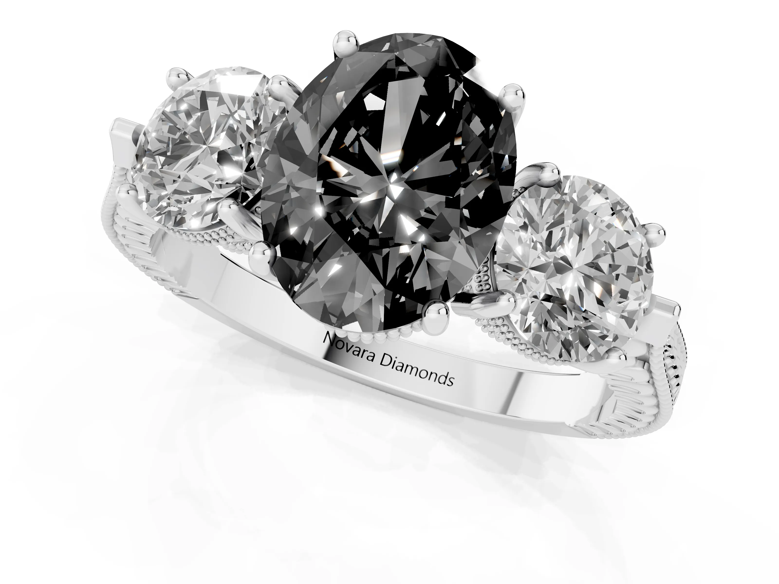 Fancy Black Oval Cut Diamond Three-Stone Ring Set in Silver with Milgrain Band