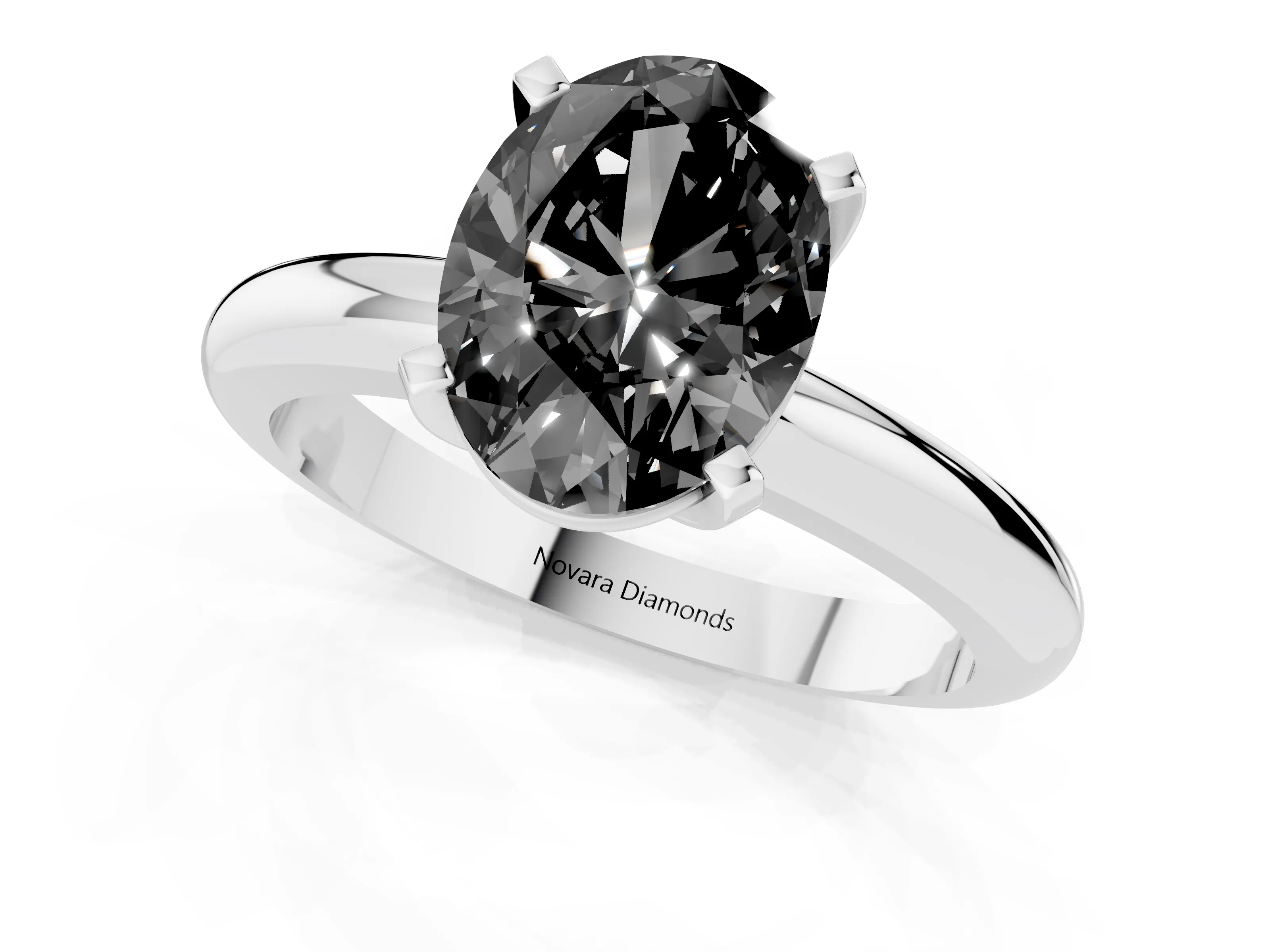 Fancy Black Oval Cut Diamond Solitaire Engagement Ring Set in White gold with Round Band and Prong Setting