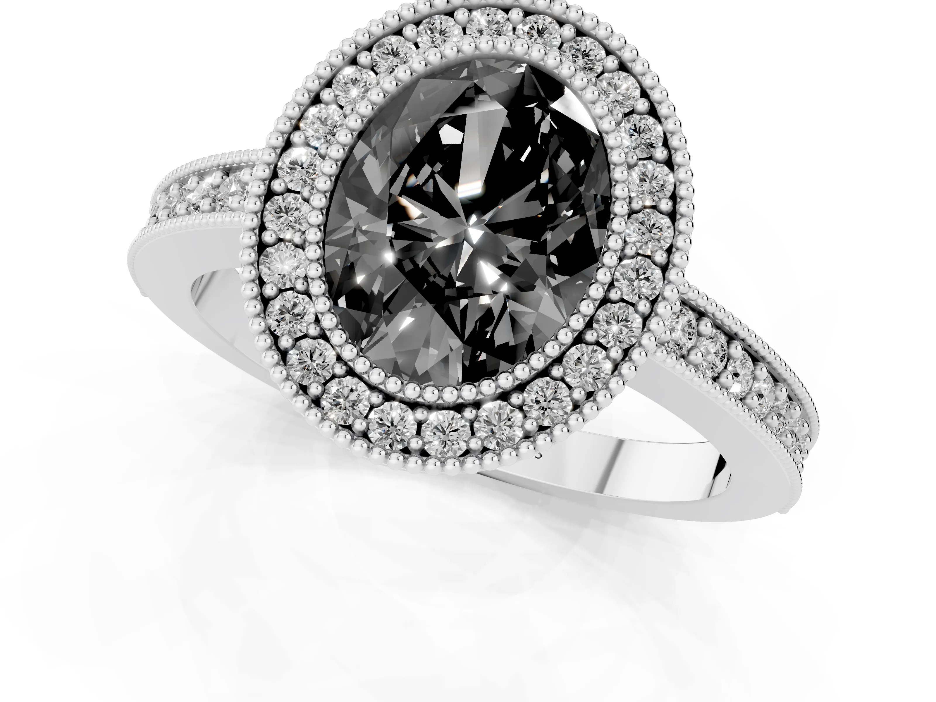 Fancy Black Oval Cut Diamond Halo Engagement Ring Set in Platinum with Pavé Band and Round Halo Stones