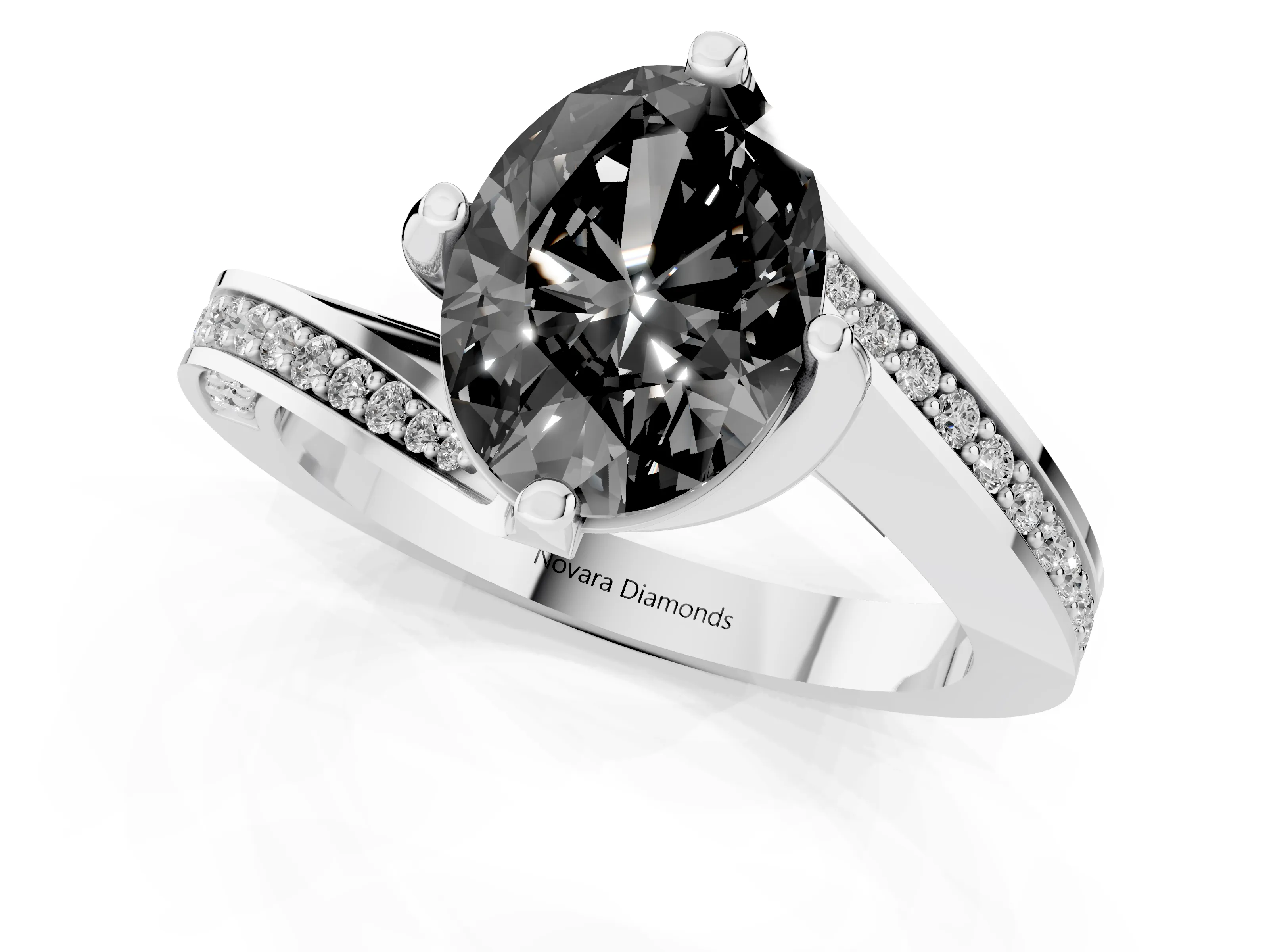 Fancy Black Oval Cut Diamond Solitaire Ring Set in White gold with Intertwined Pavé Twist Band