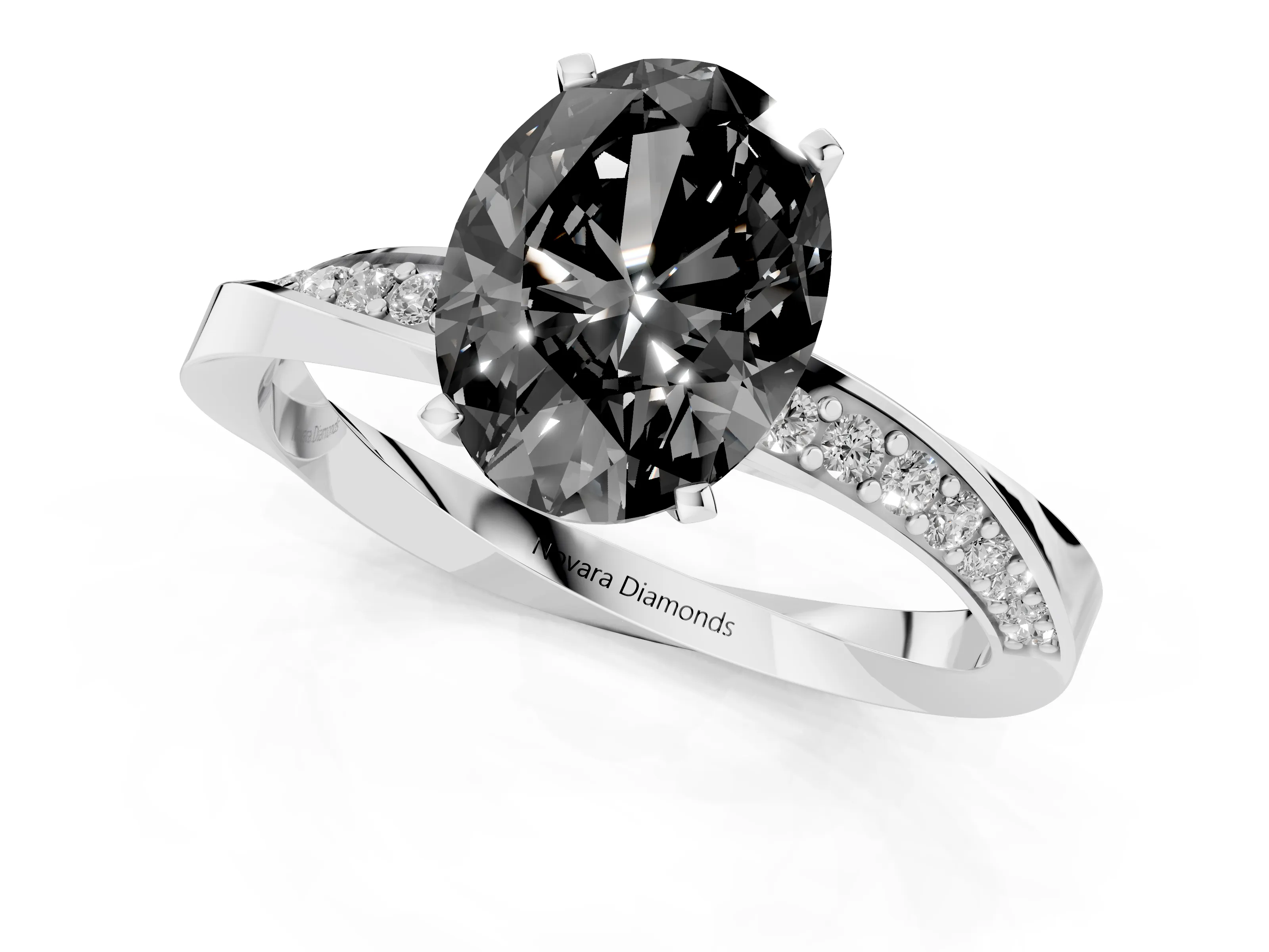 Fancy Black Oval Cut Diamond Engagement Ring Set in Platinum with Side Stone Accents and Prong Setting – second view