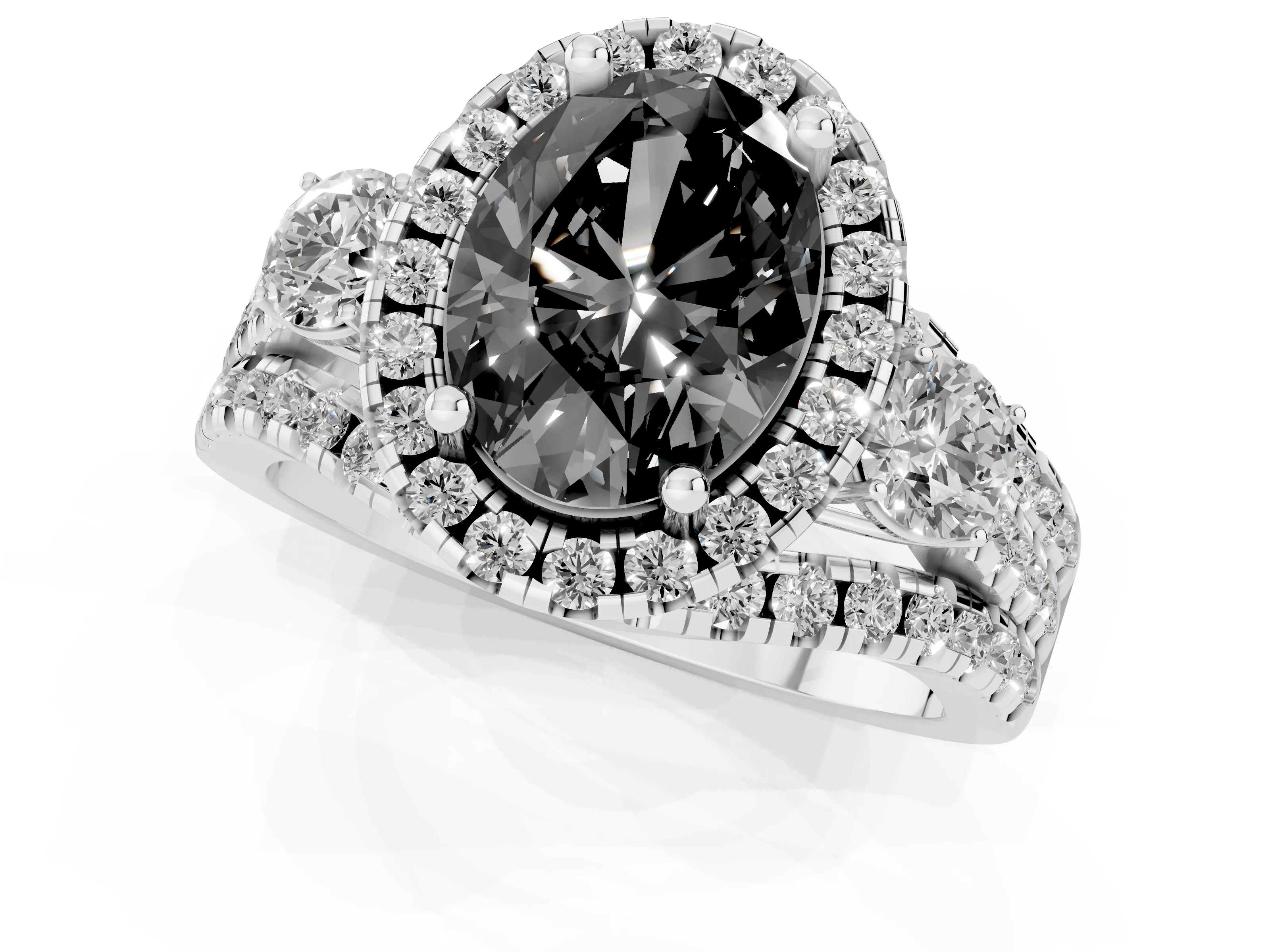 Fancy Black Oval Cut Diamond Halo Split Shank Ring Set in Platinum with Round Accent Stones and Prong Setting