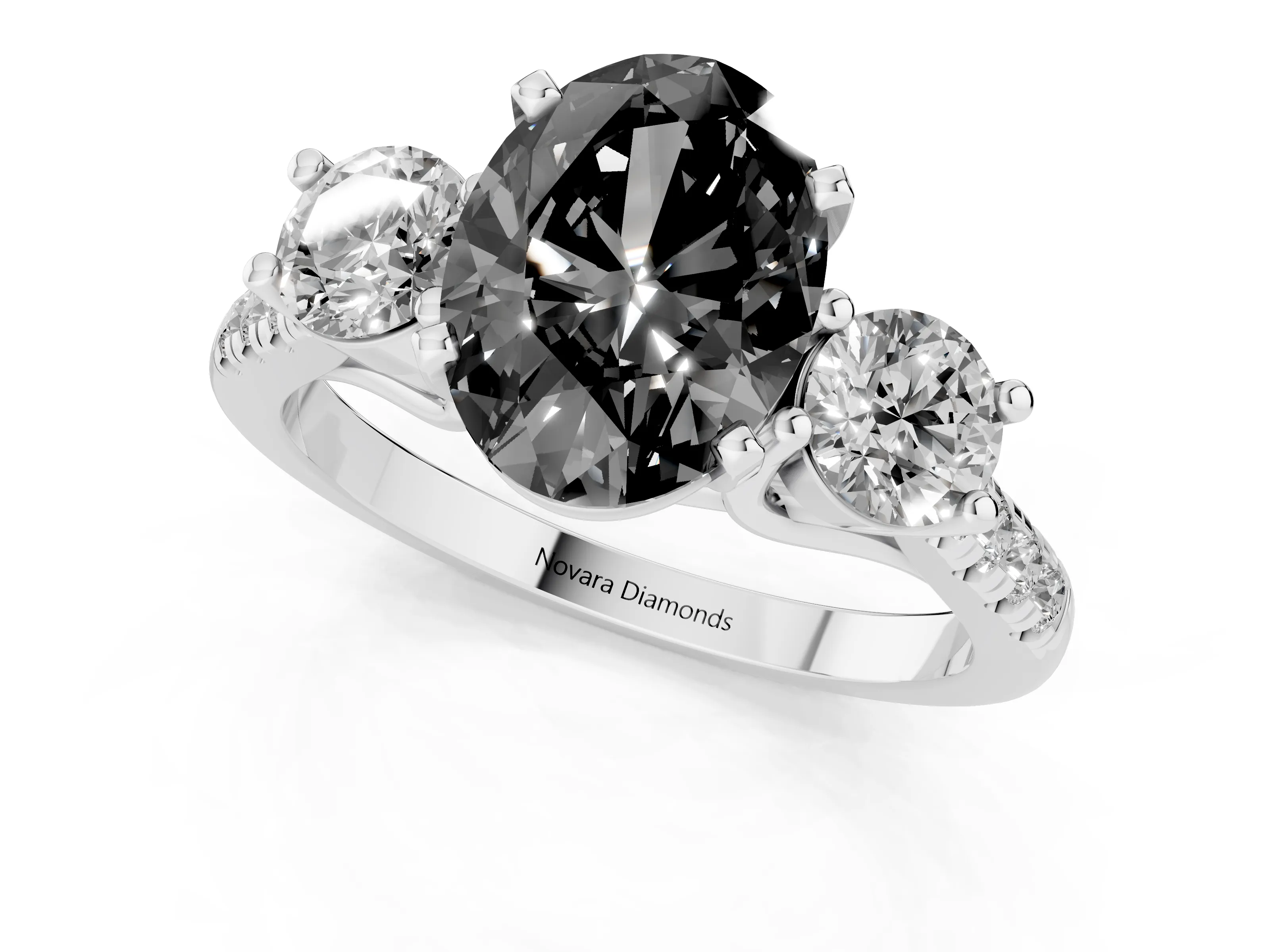 Fancy Black Three-Stone Oval Cut Diamond Pavé Band Ring Set in White gold with Prong-Set Trio