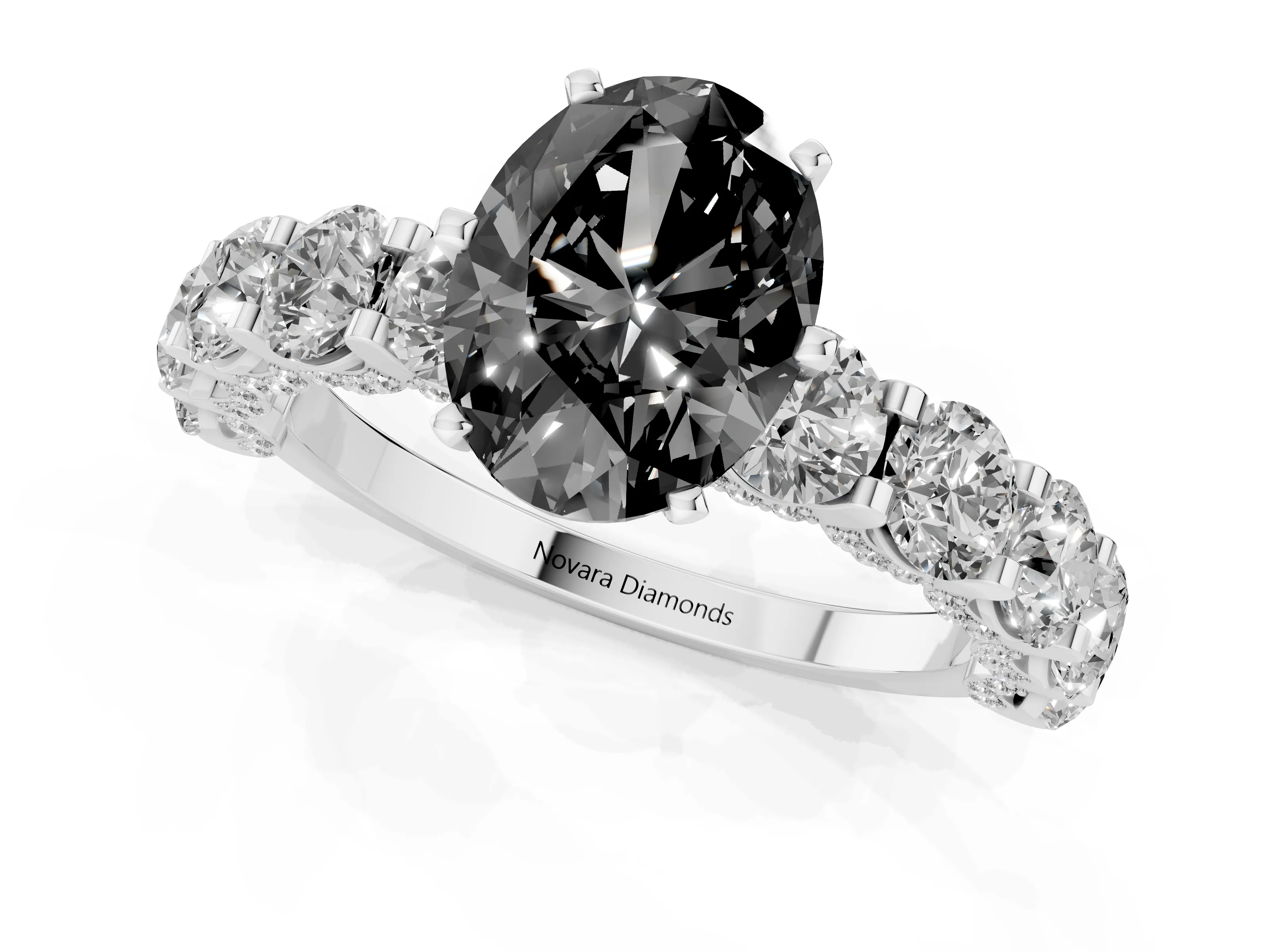 Fancy Black Oval Cut Diamond Side Stone Ring Set in White gold with Alternating Round and Oval Side Stones