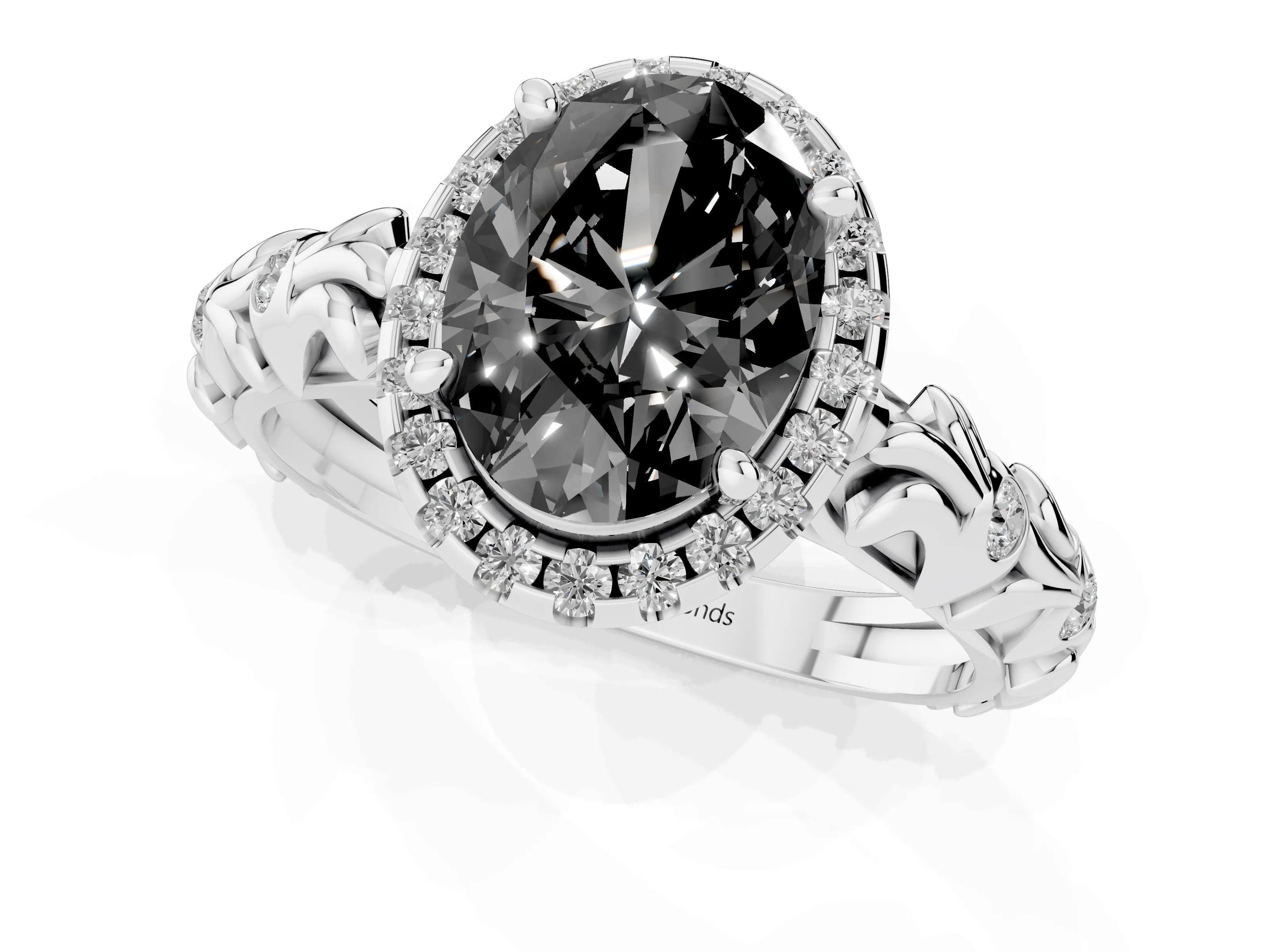 Fancy Black Oval Cut Diamond Halo Ring Set in Platinum with Filigree Leaf Band and Prong Setting – second view