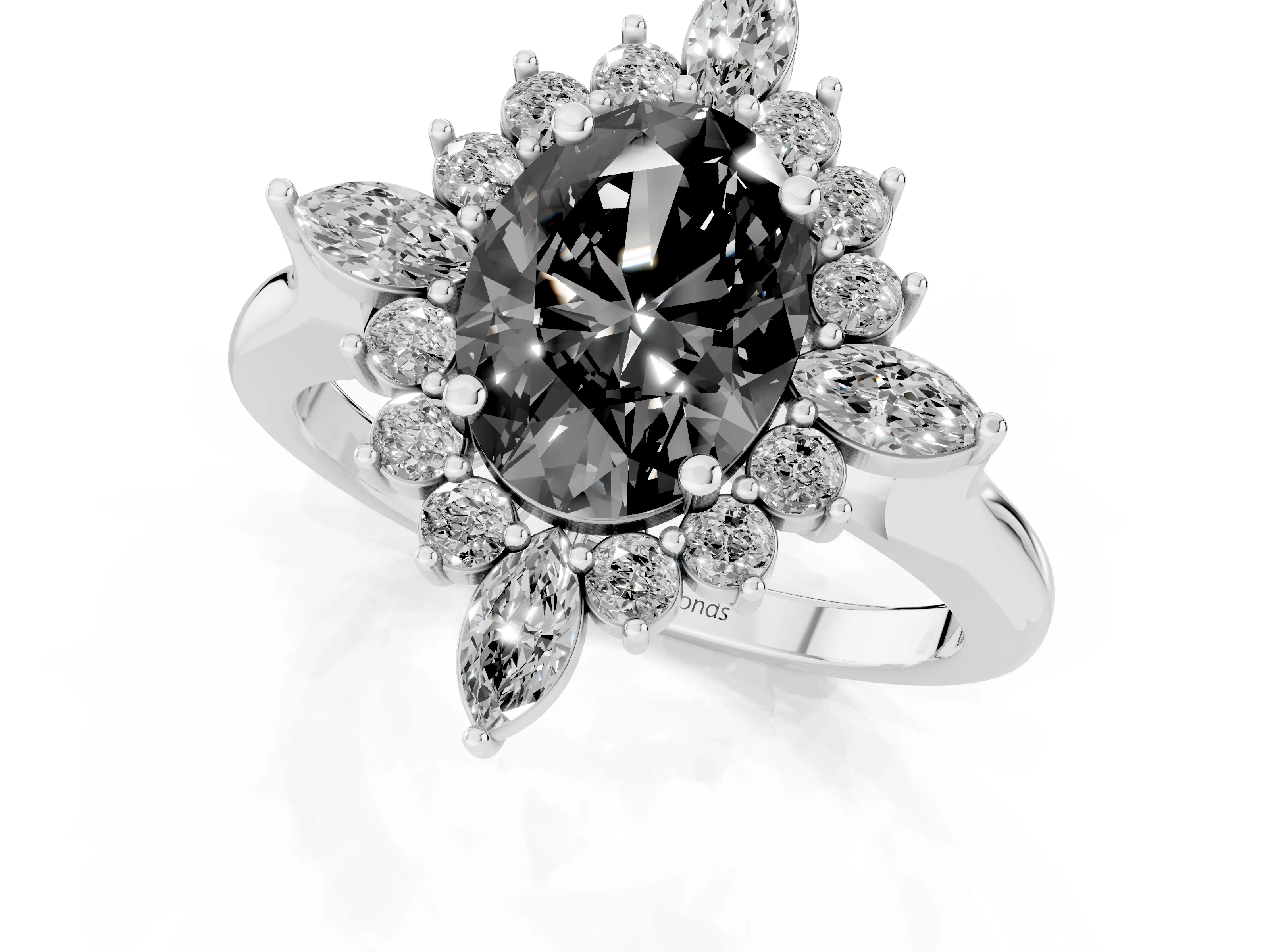 Fancy Black Oval Cut Diamond Cluster Halo Ring Set in Platinum with Marquise and Round Accents