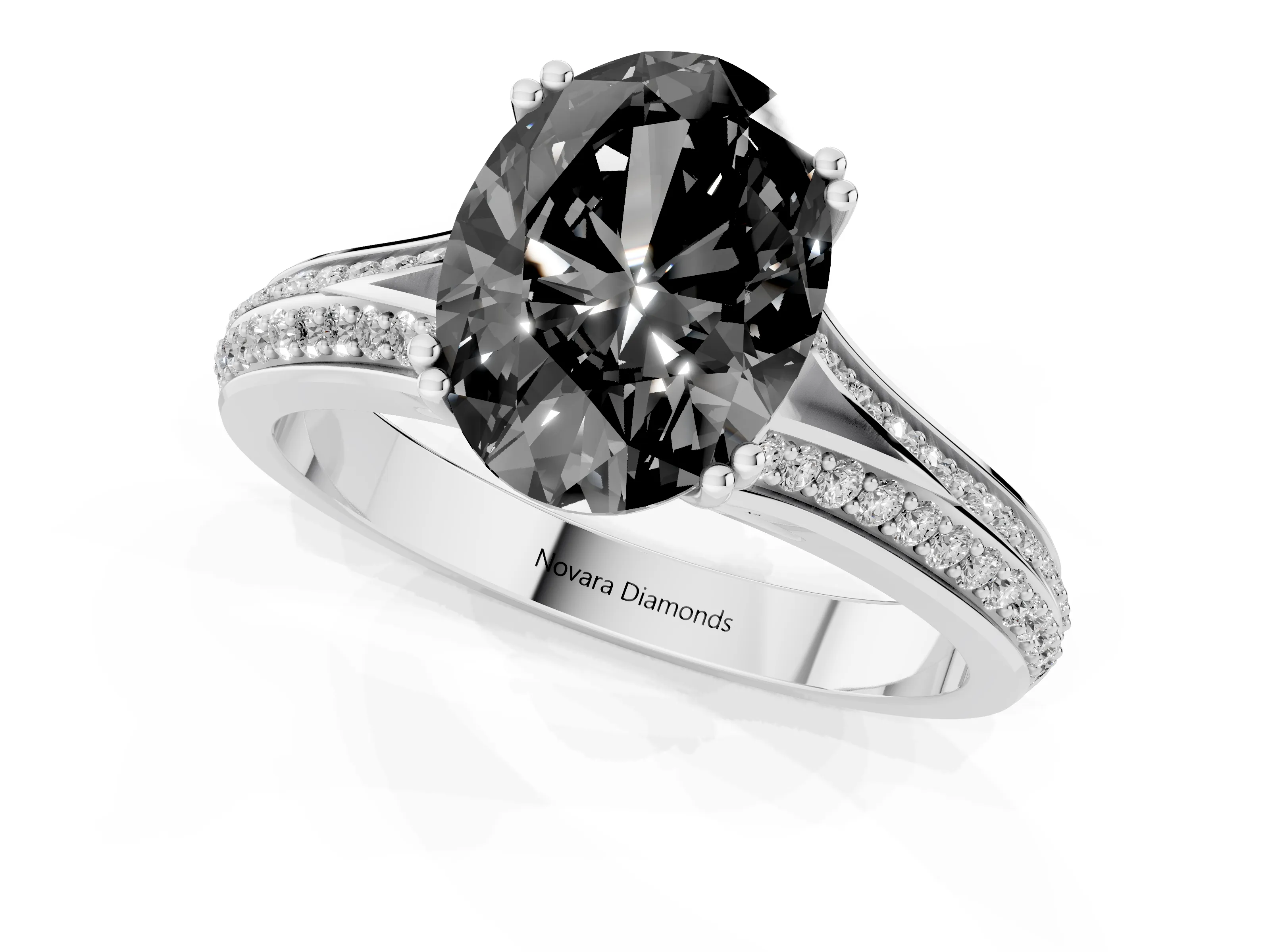 Fancy Black Oval Cut Diamond Split Shank Pavé Engagement Ring Set in Platinum with Prong-Set Center Stone
