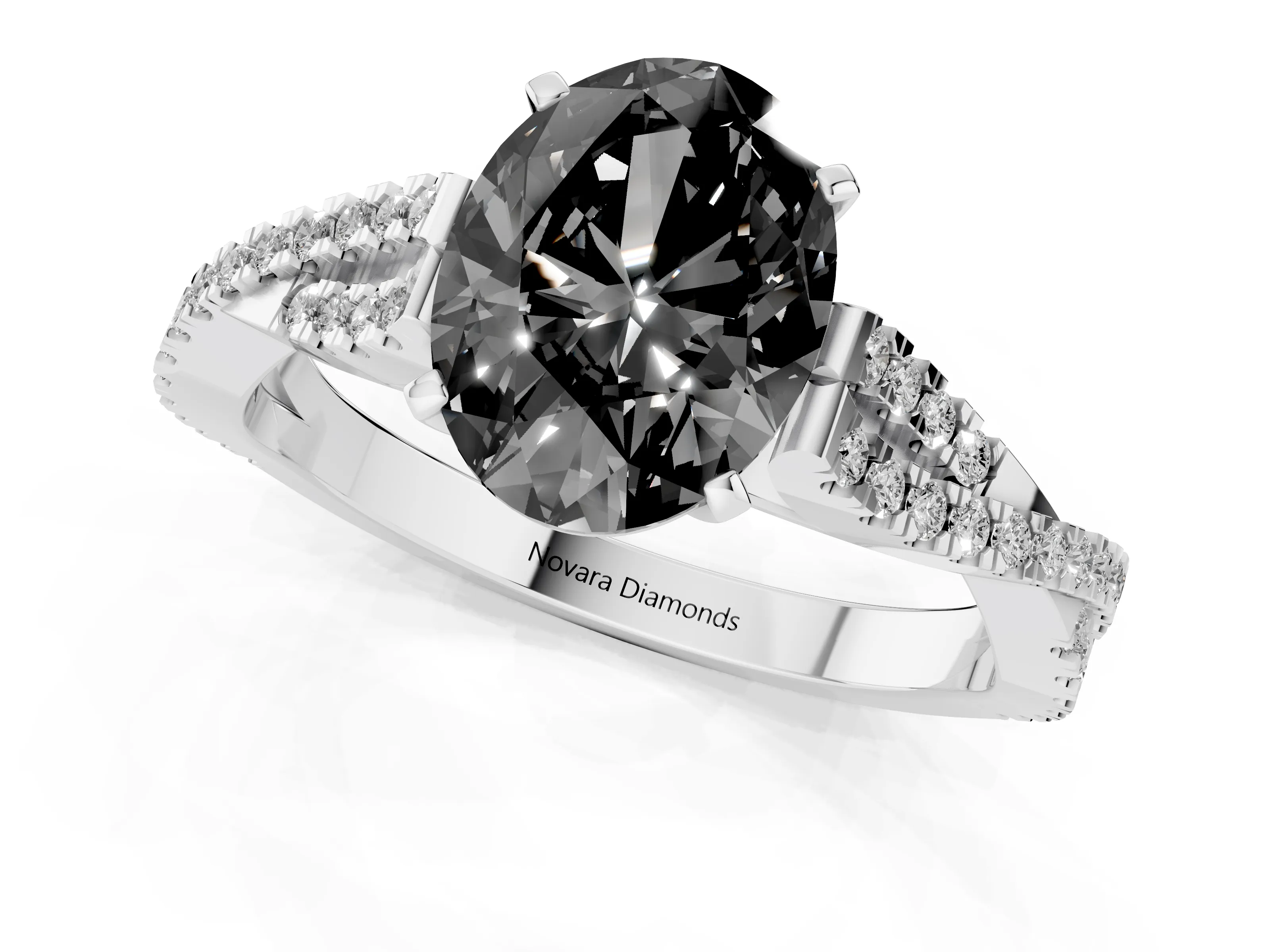 Fancy Black Oval Cut Diamond Solitaire Engagement Ring Set in White gold with Twisted Pavé Band and Prong Setting