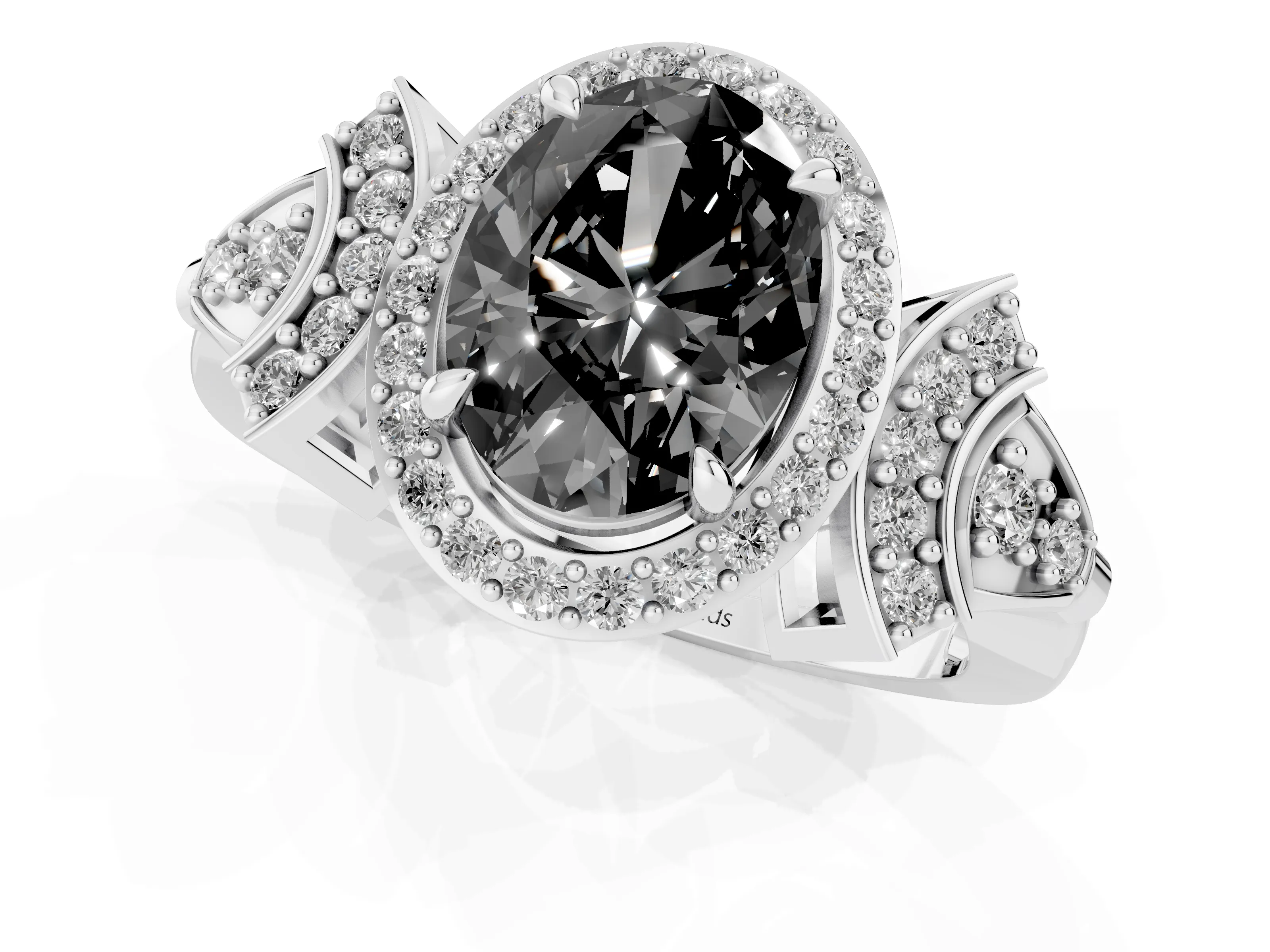 Fancy Black Oval Cut Diamond Halo Engagement Ring Set in Platinum with Accent Stone Split Shank