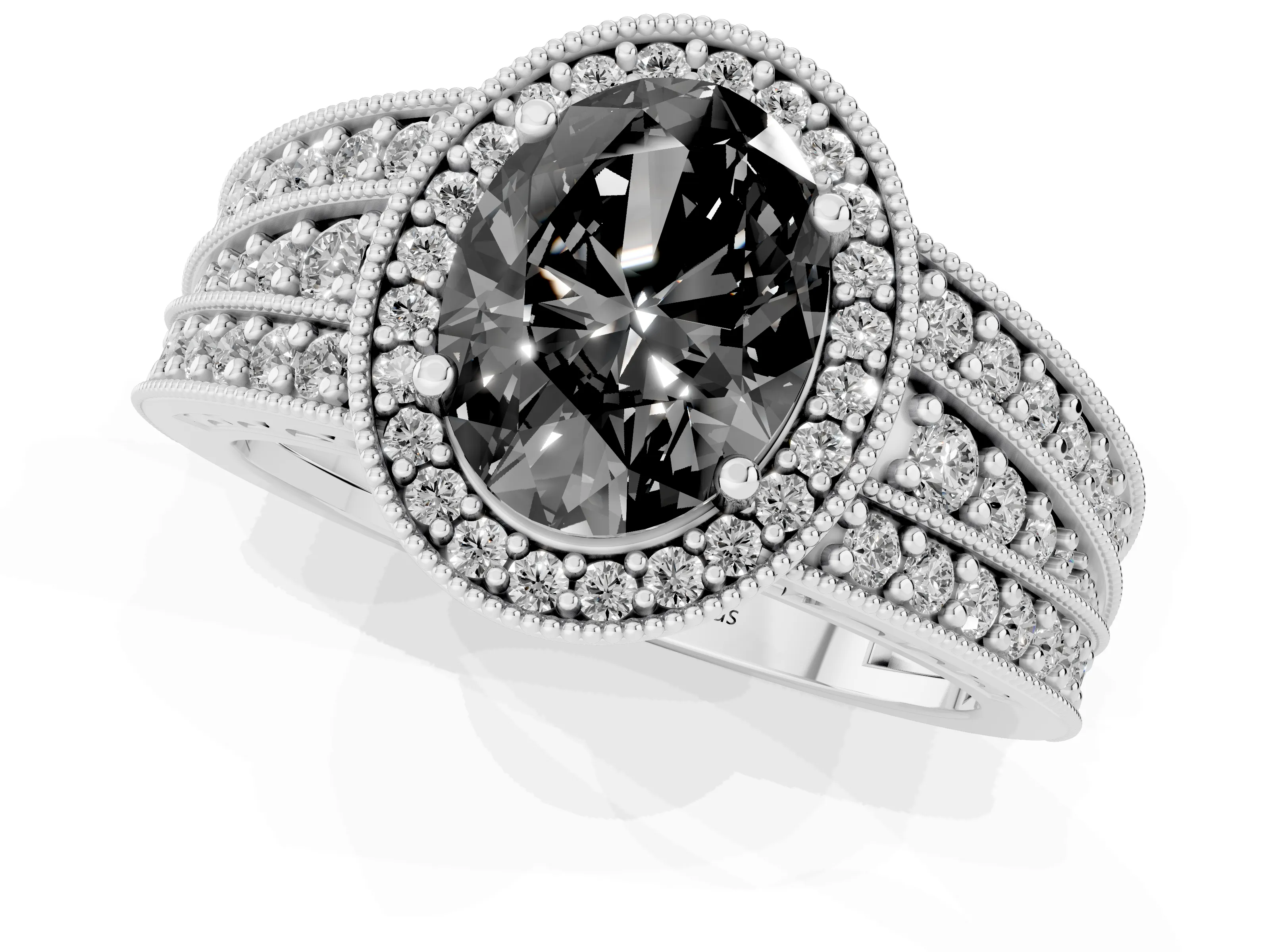 Fancy Black Oval Cut Diamond Halo Ring Set in Platinum with Accent Split Shank and Prong Setting