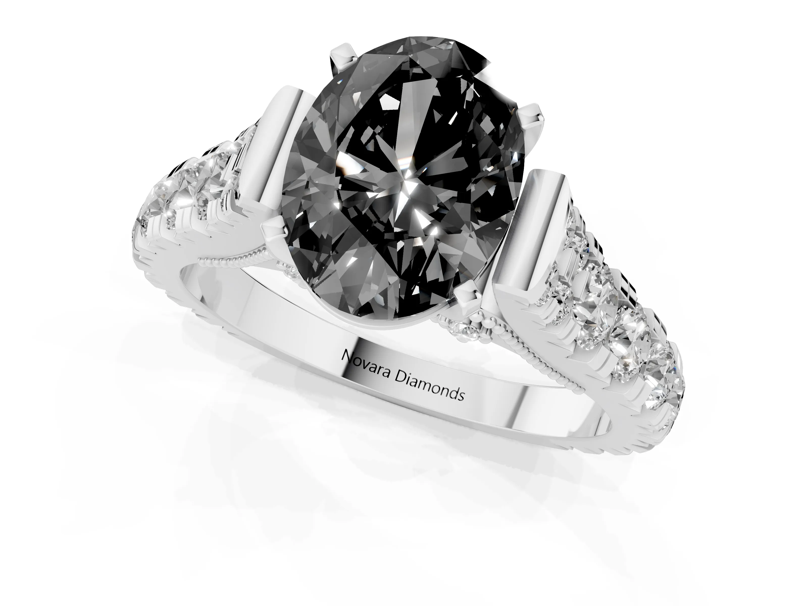 Fancy Black Oval Cut Diamond Classic Solitaire Ring Set in Platinum with Pavé Band and Prong Setting