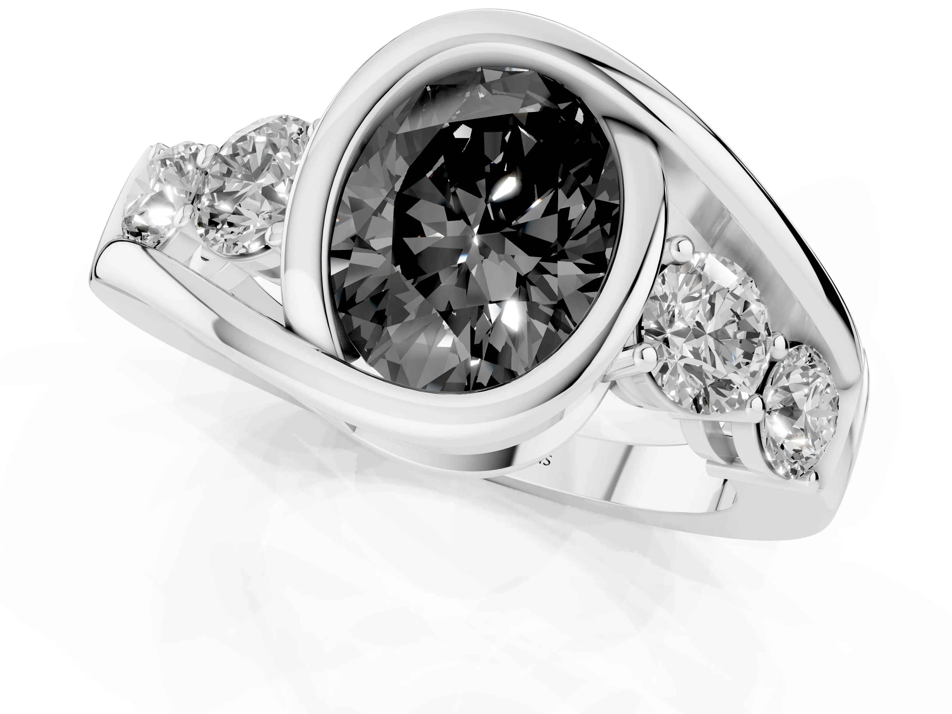 Fancy Black Oval Cut Diamond Bezel Bypass Ring Set in Silver with Round Accents