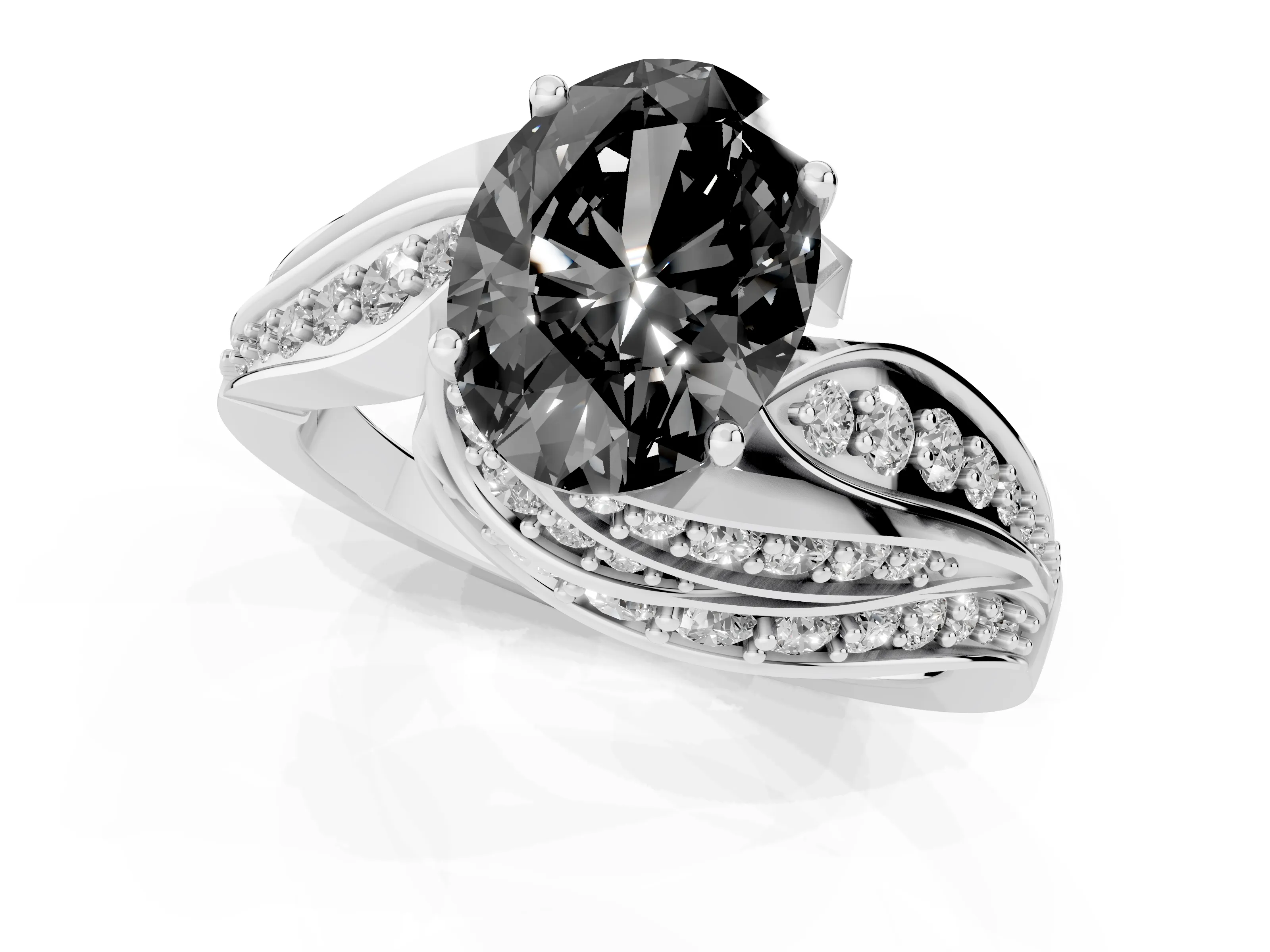 Fancy Black Oval Cut Diamond Solitaire Ring Set in White gold with Layered Twist Pavé Band