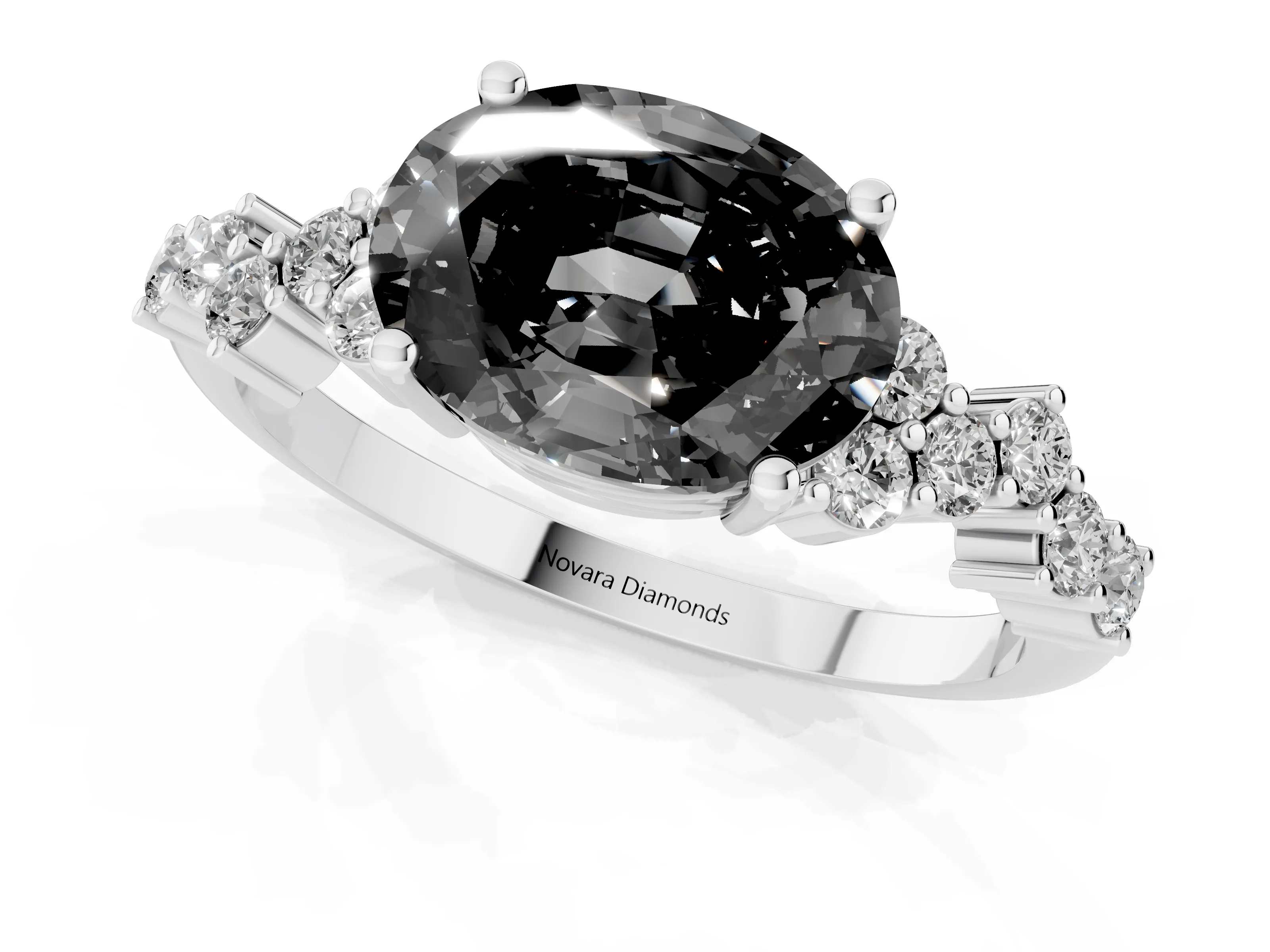 Fancy Black Oval Cut Diamond Ring Set in Silver with Scattered Round Accents