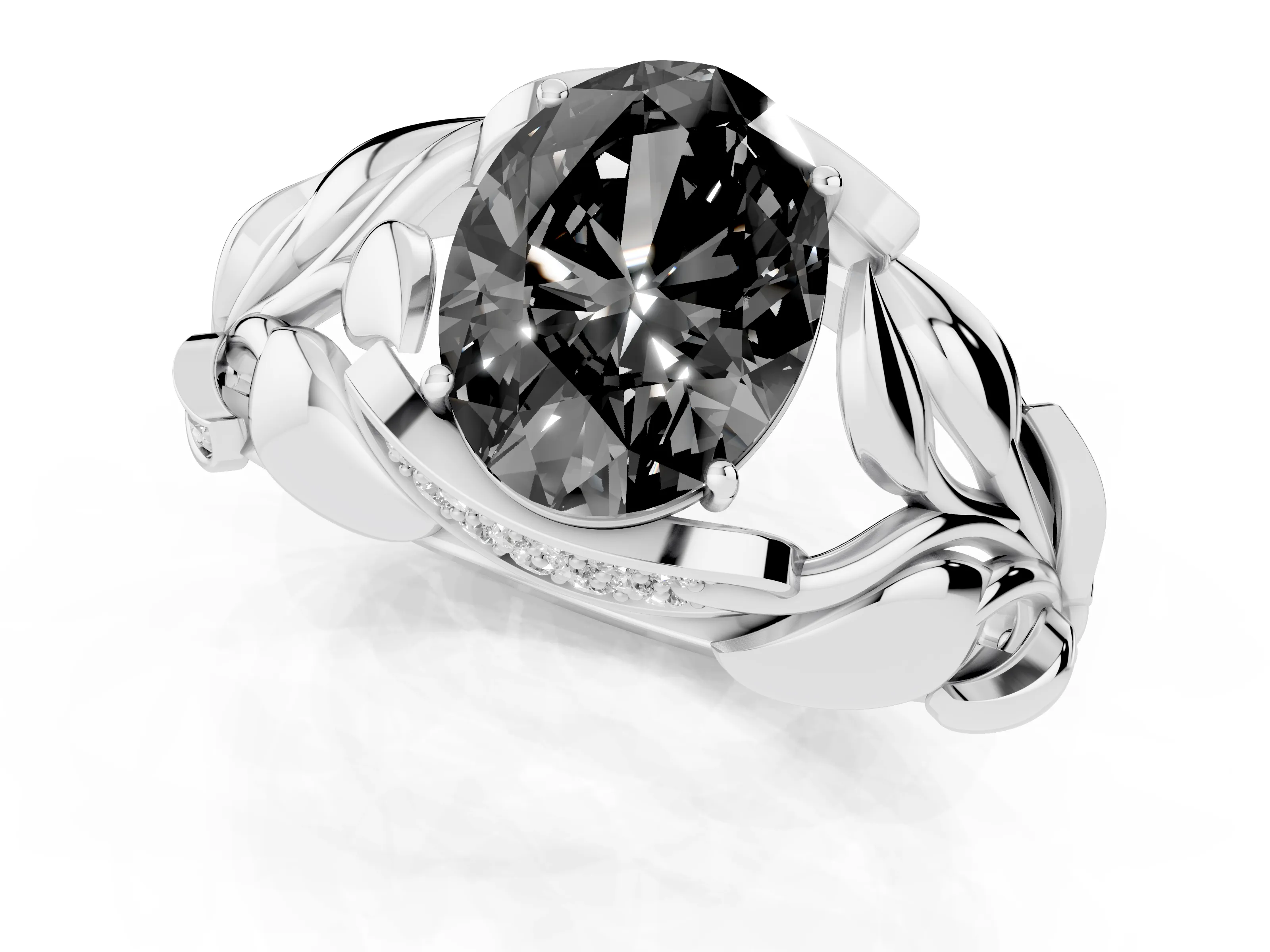 Fancy Black Oval Cut Diamond Leaf-Inspired Engagement Ring Set in White gold with Round Accents