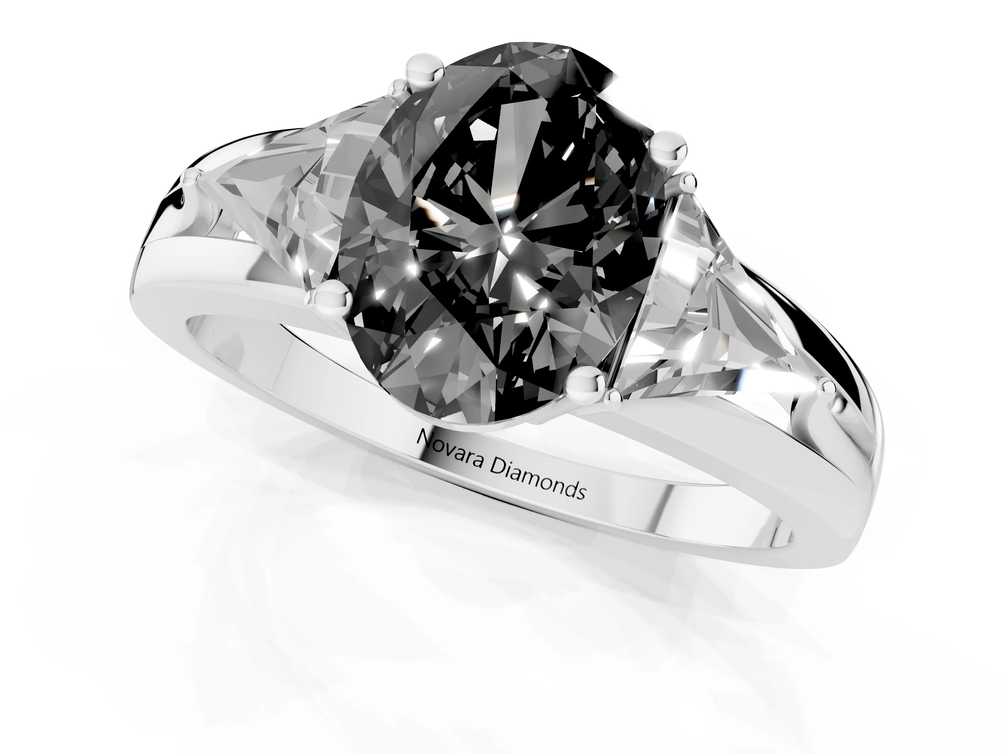 Fancy Black Oval Cut Diamond Three-Stone Ring Set in White gold with Trillion Side Stones and Split Shank