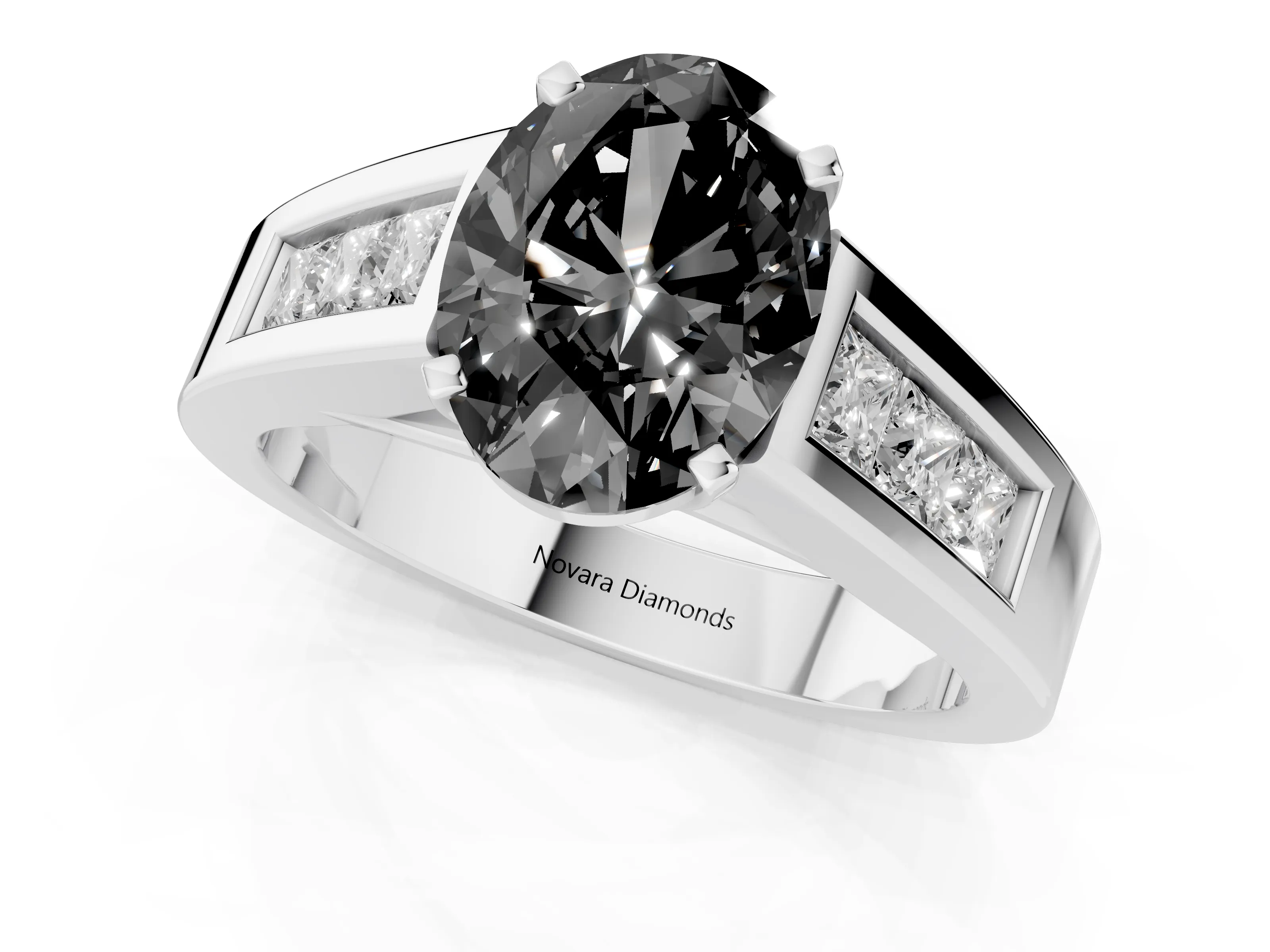 Fancy Black Oval Cut Diamond Solitaire Ring Set in White gold with Channel-Set Accent Stones and Prong Setting