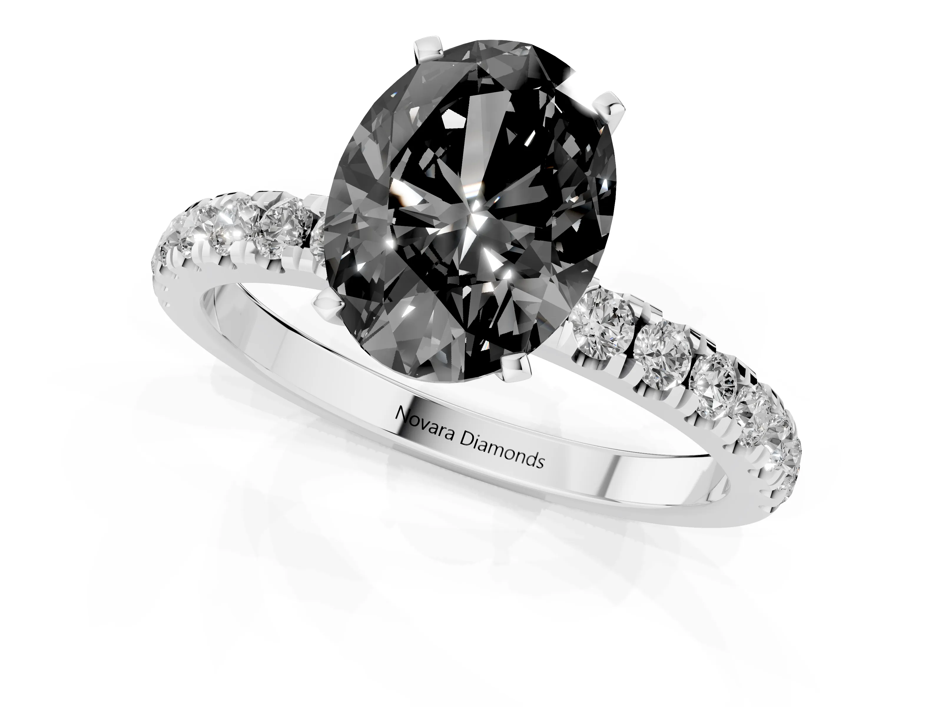 Fancy Black Oval Cut Diamond Solitaire Ring Set in Silver with Pavé Accents and Prong Setting