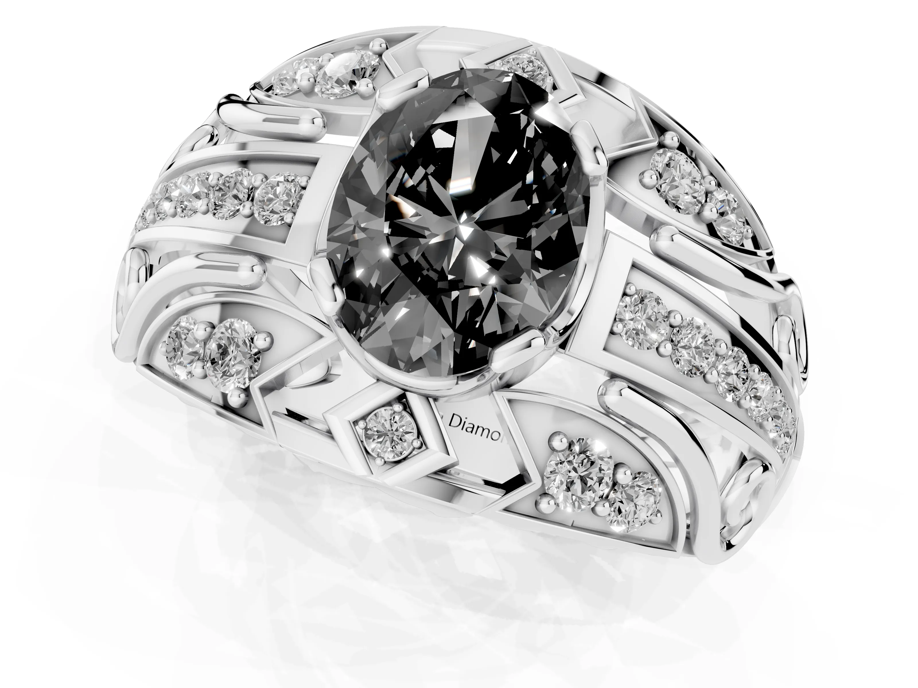 Fancy Black Oval Cut Diamond Art Deco Ring Set in Silver with Pavé Split Shank