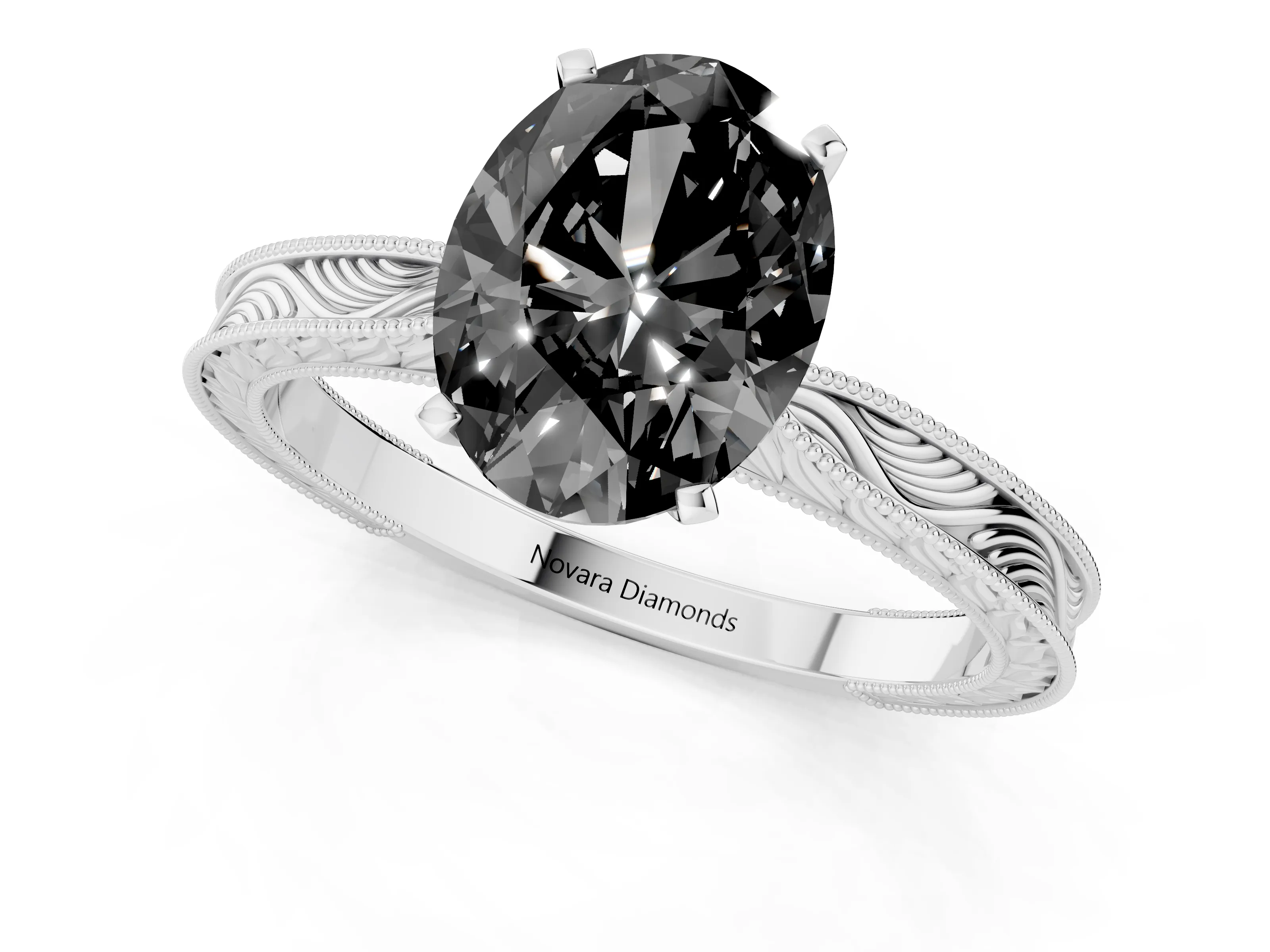 Fancy Black Oval Cut Diamond Solitaire Milgrain Engraved Band Set in Platinum with Prong Setting