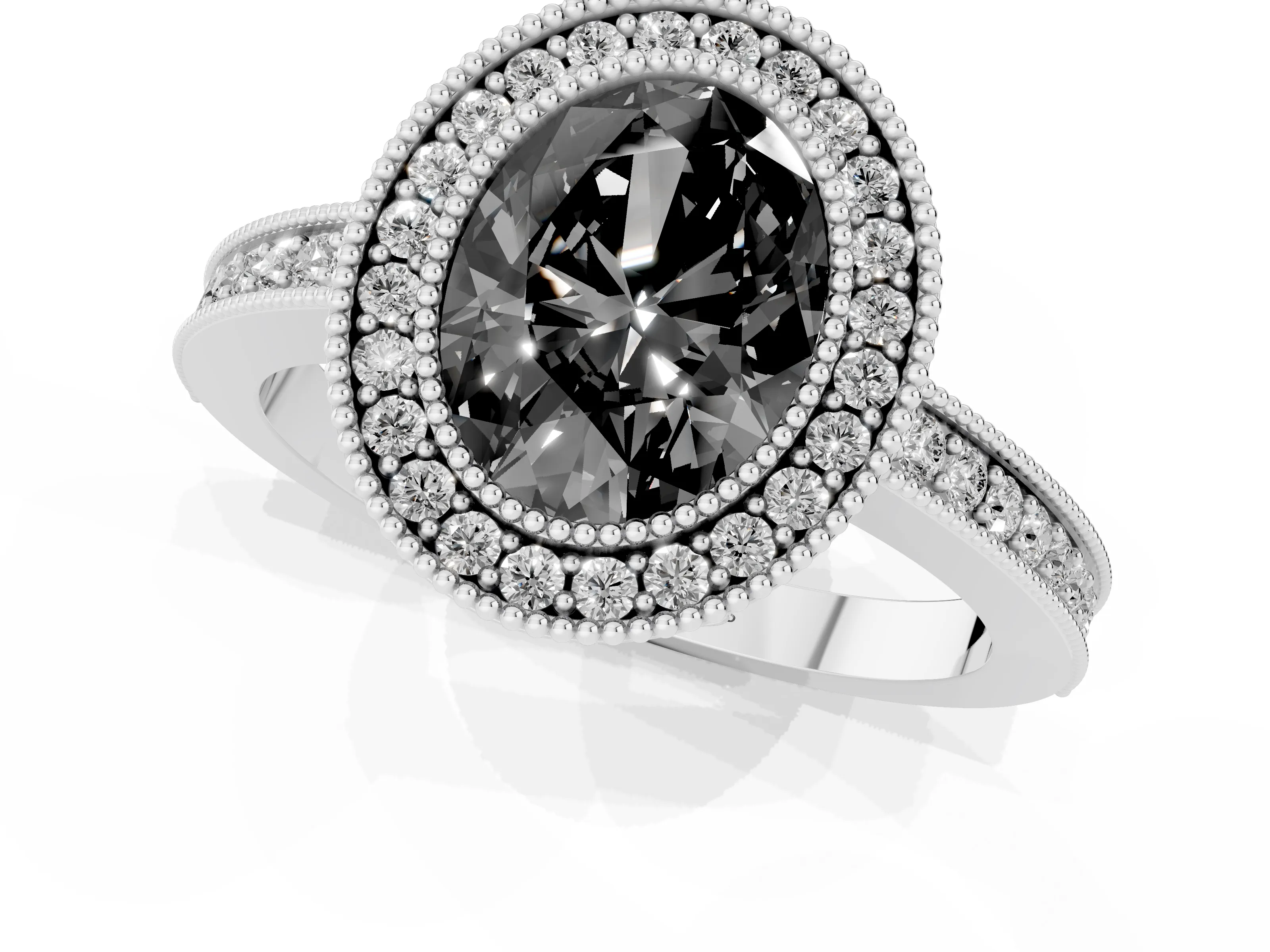 Fancy Black Oval Cut Diamond Round Halo Ring Set in White gold with Pavé Band