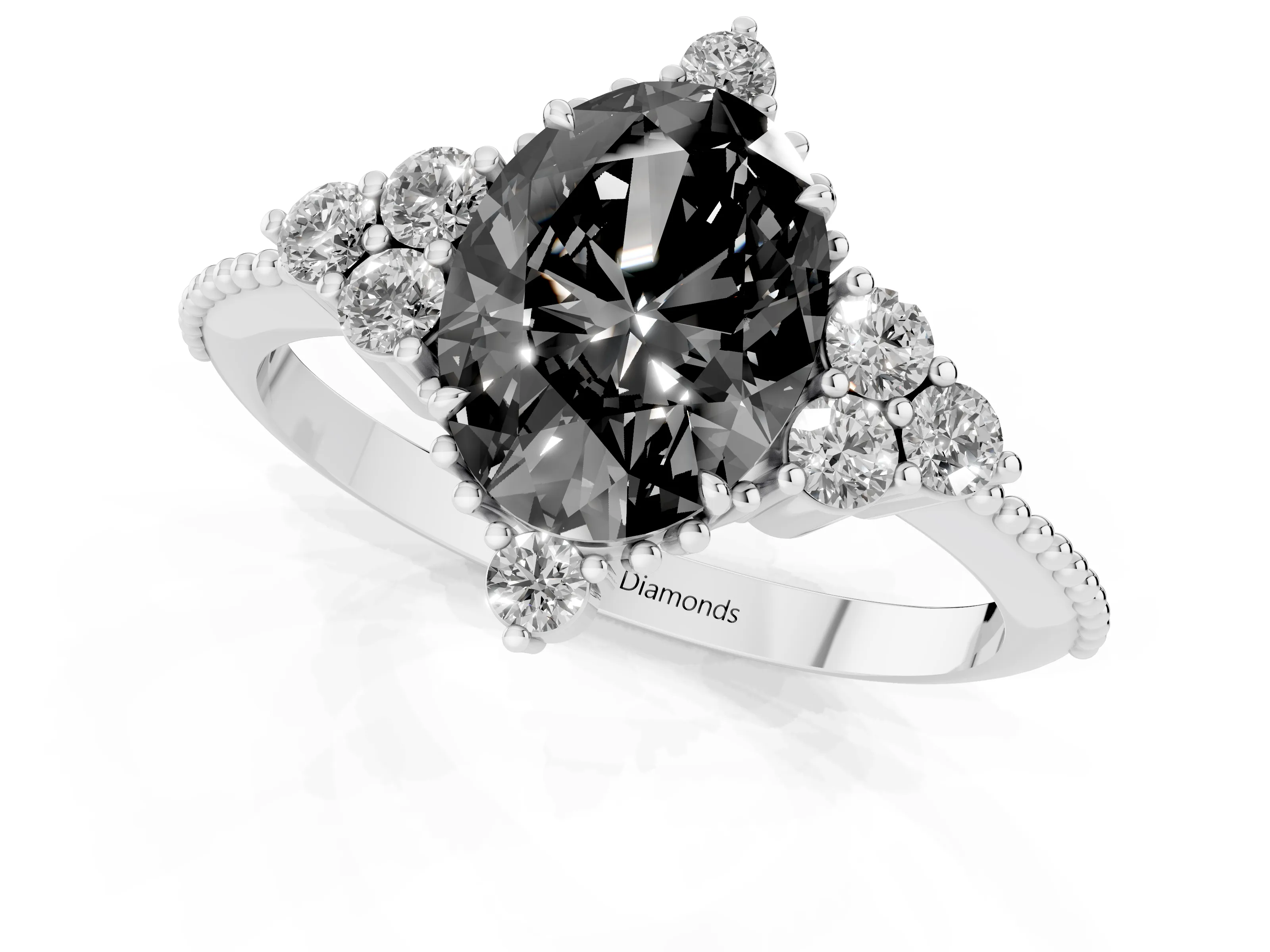 Fancy Black Oval Cut Diamond Cluster Ring Set in Silver with Beaded Band
