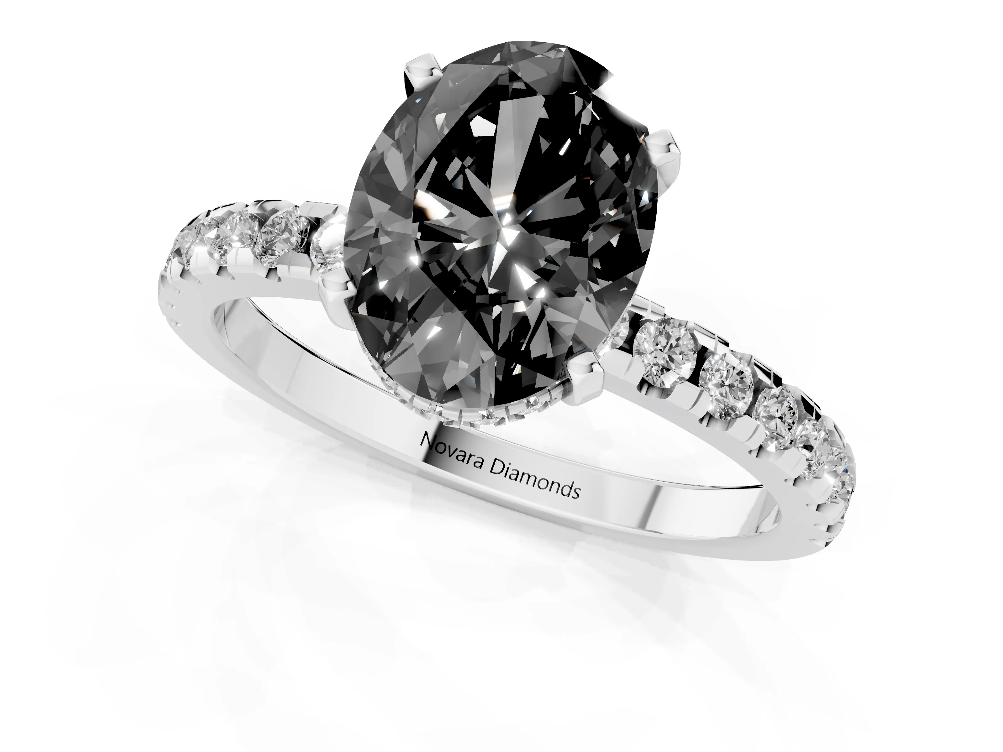 Fancy Black Oval Cut Diamond Pavé Solitaire Ring Set in Silver with Round Band Accents and Prong Setting